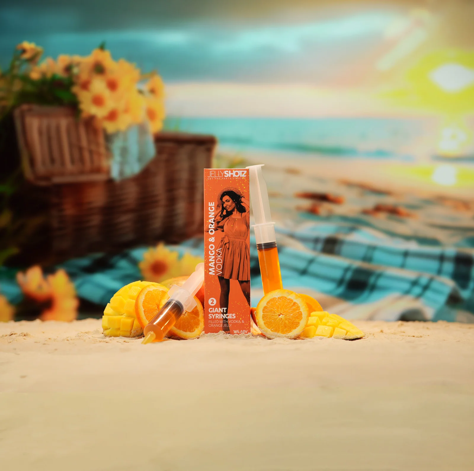 Jellyshotz Mango & Orange Vodka — small pack and syringes in a square composition