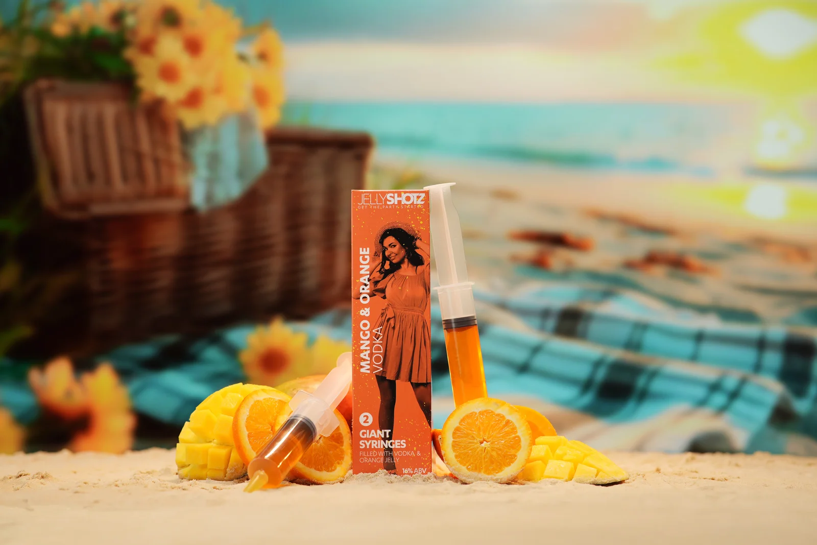 Jellyshotz Mango & Orange Vodka — two-syringe pack with fruit and syringes