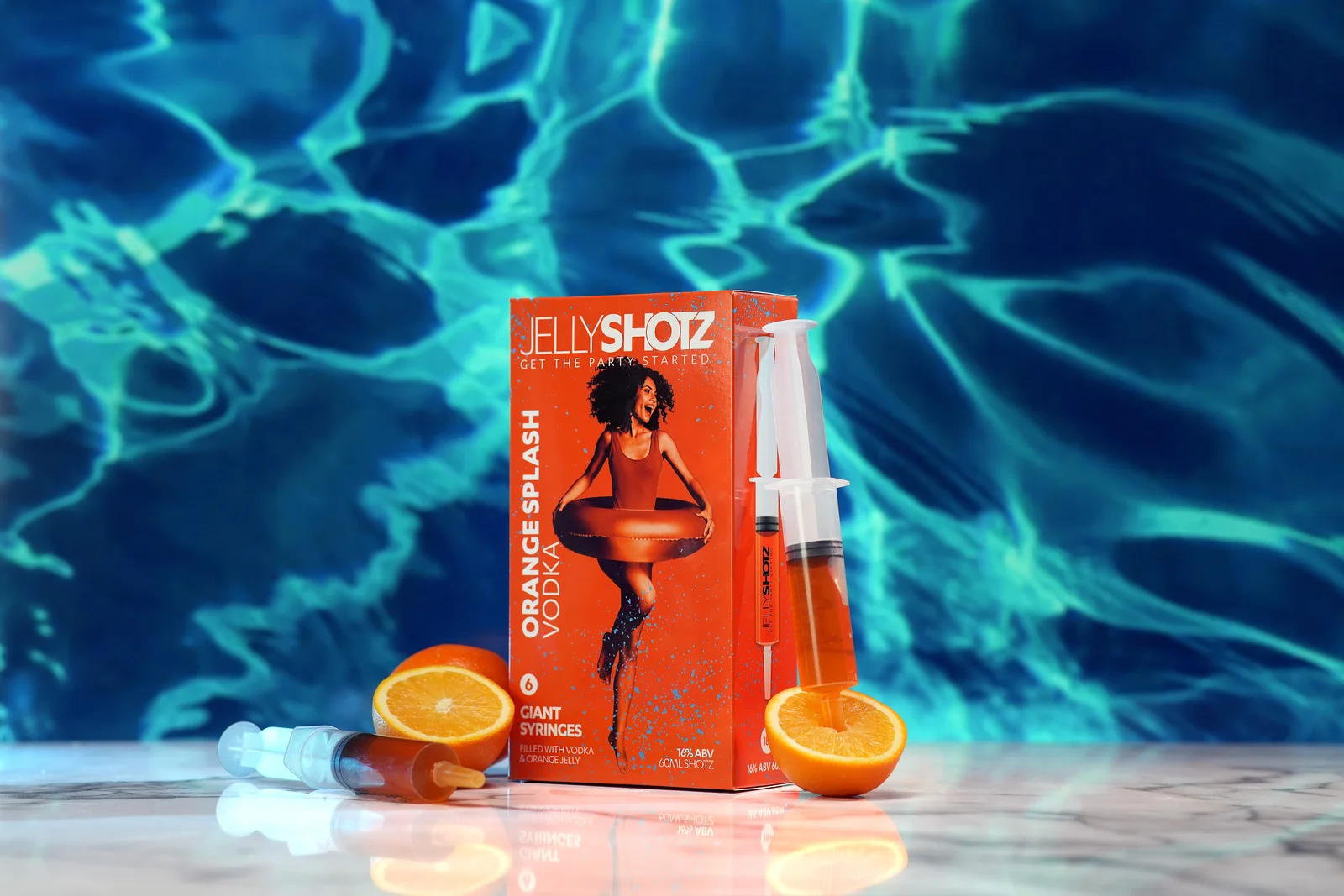 Jellyshotz Orange Splash Vodka — angled large pack with syringes and oranges