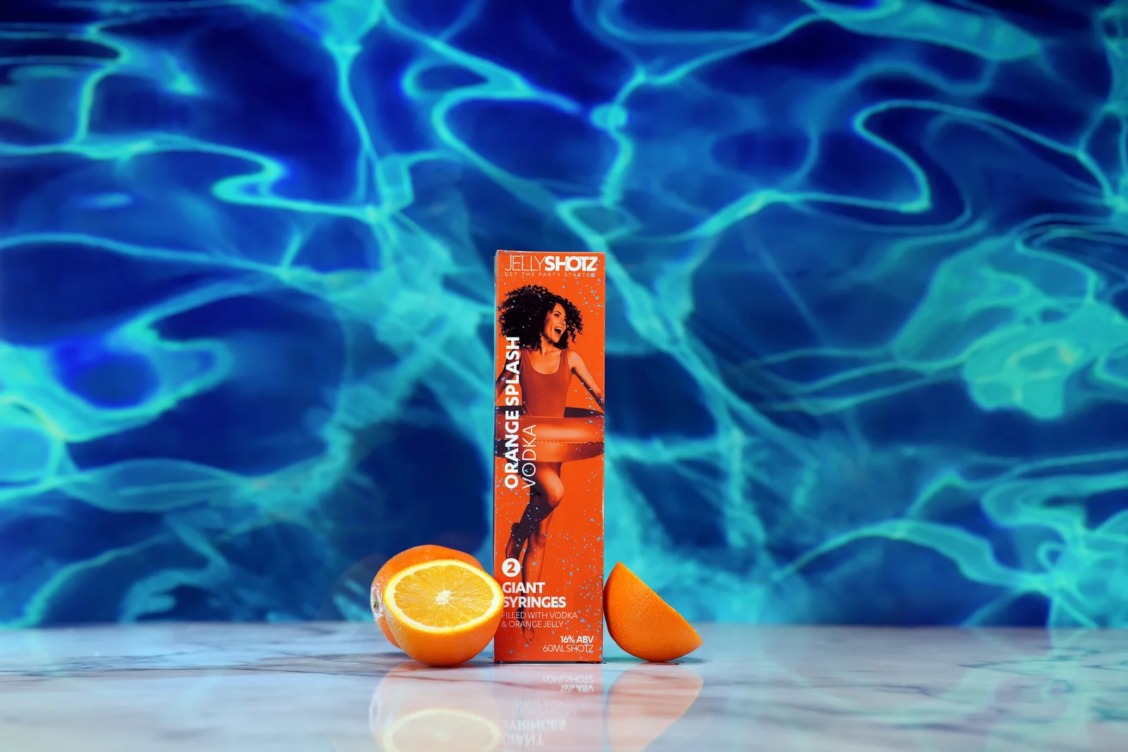 Jellyshotz Orange Splash Vodka — two-syringe pack with oranges