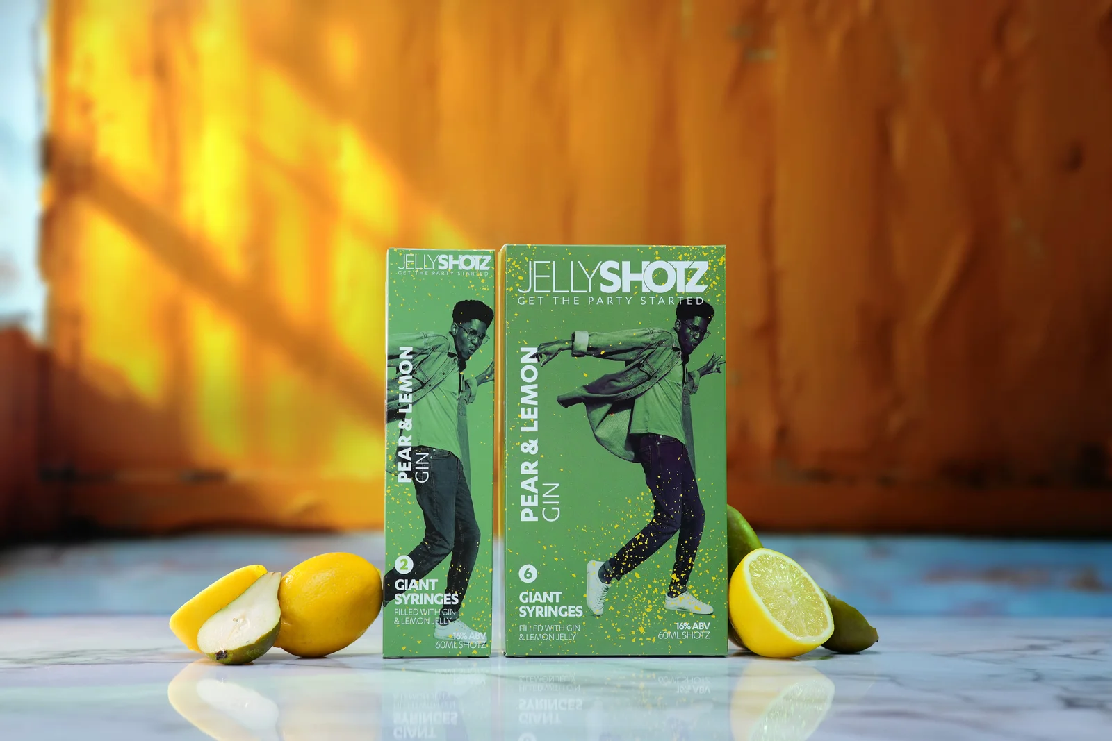 Jellyshotz Pear & Lemon Gin — two- and six-syringe packs with pear and lemon