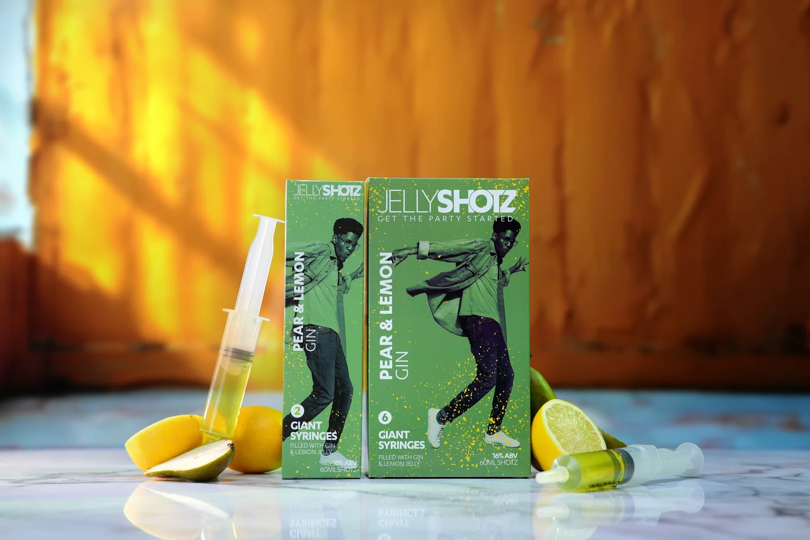 Jellyshotz Pear & Lemon Gin — six-syringe pack with lemon and pear props