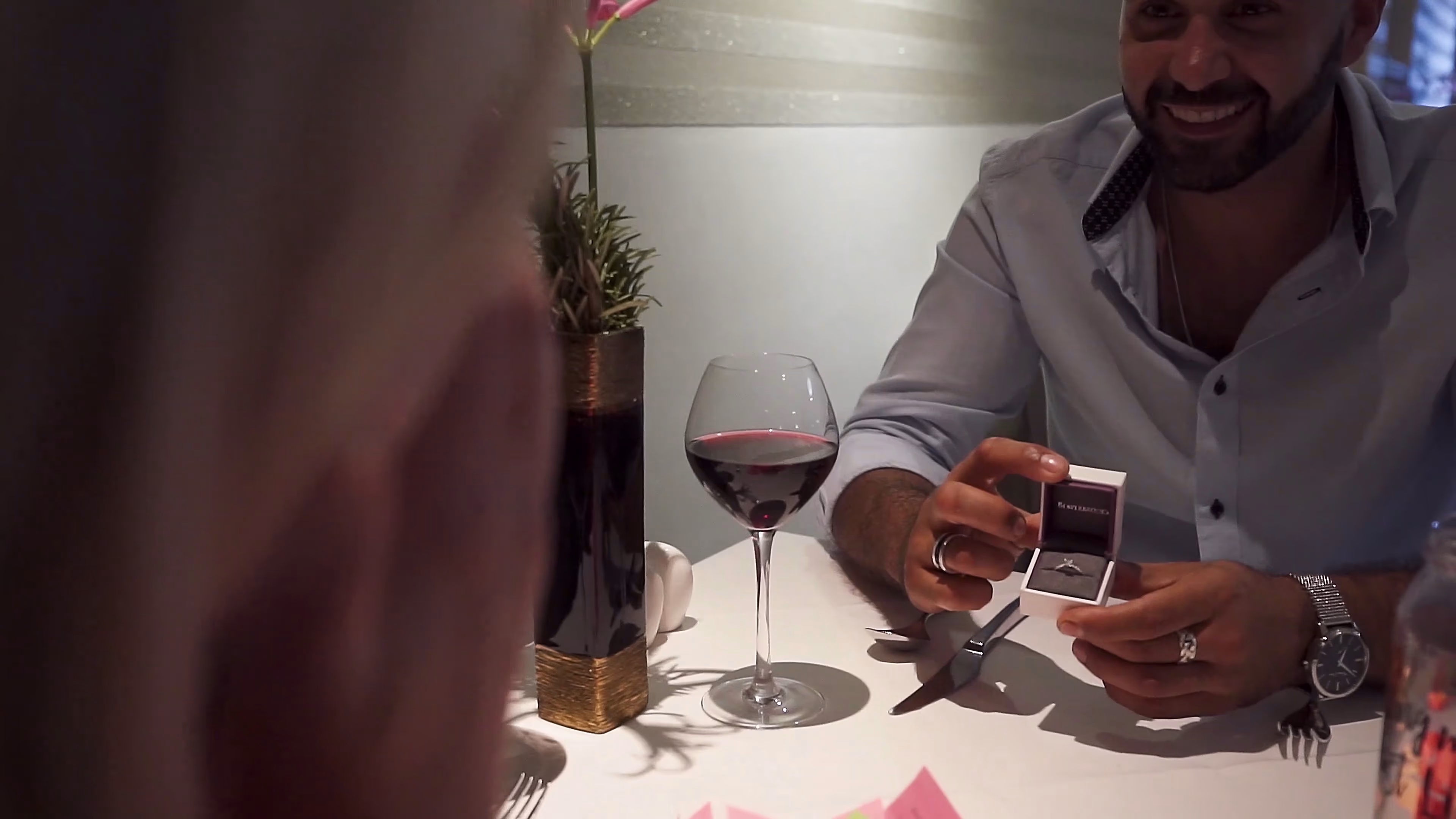 Jake and Lisa raising their glasses on the proposal date