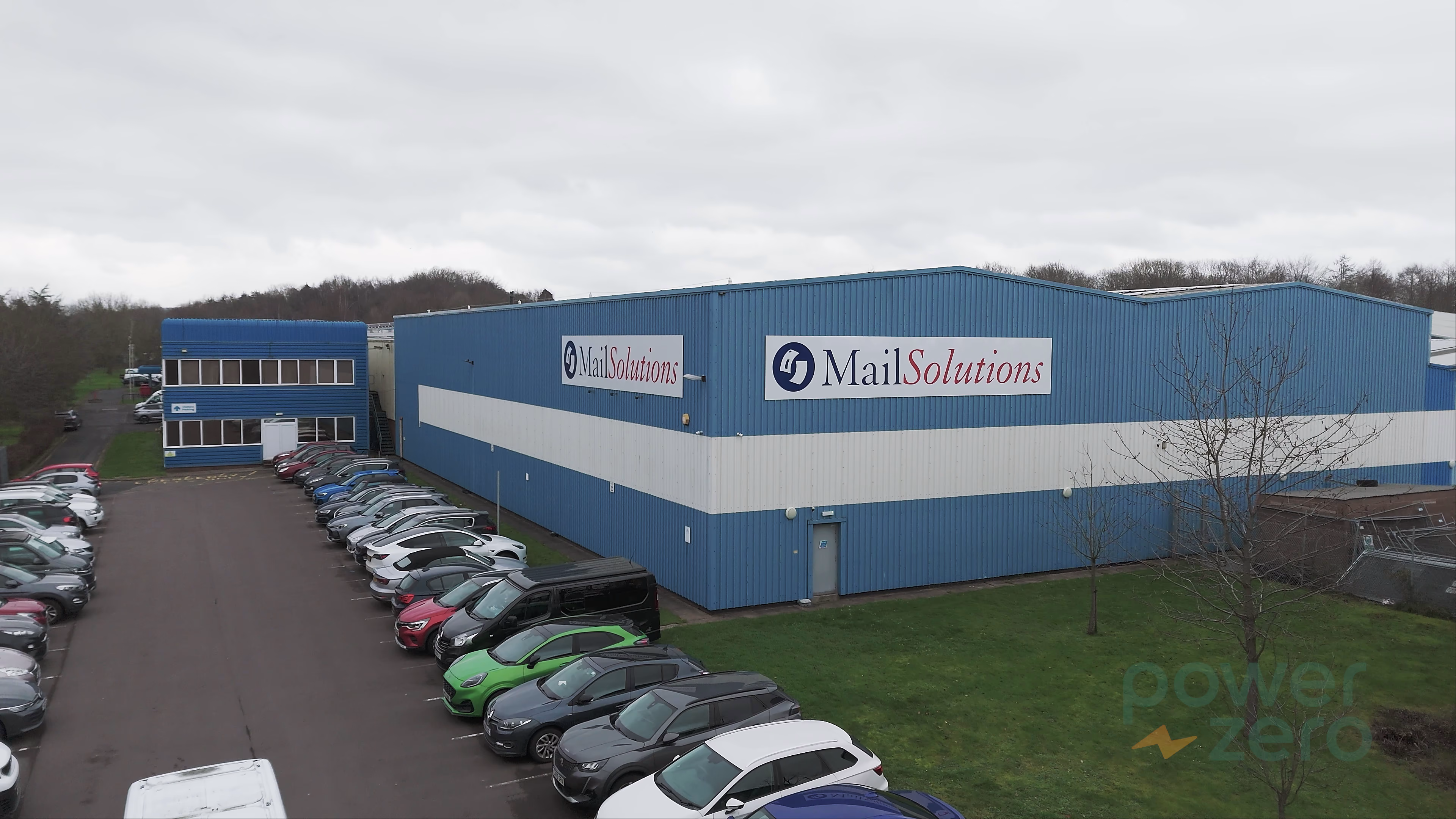 Drone establishing shot of the Mail Solutions factory in Telford