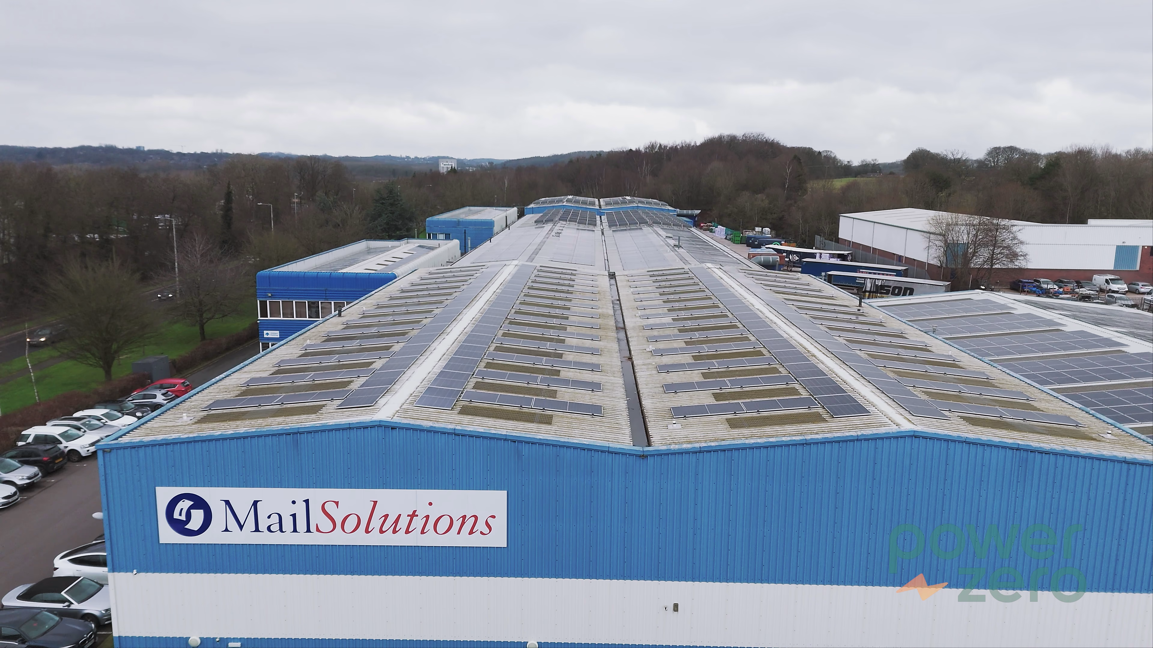 Aerial view of solar panels on the Mail Solutions factory roof