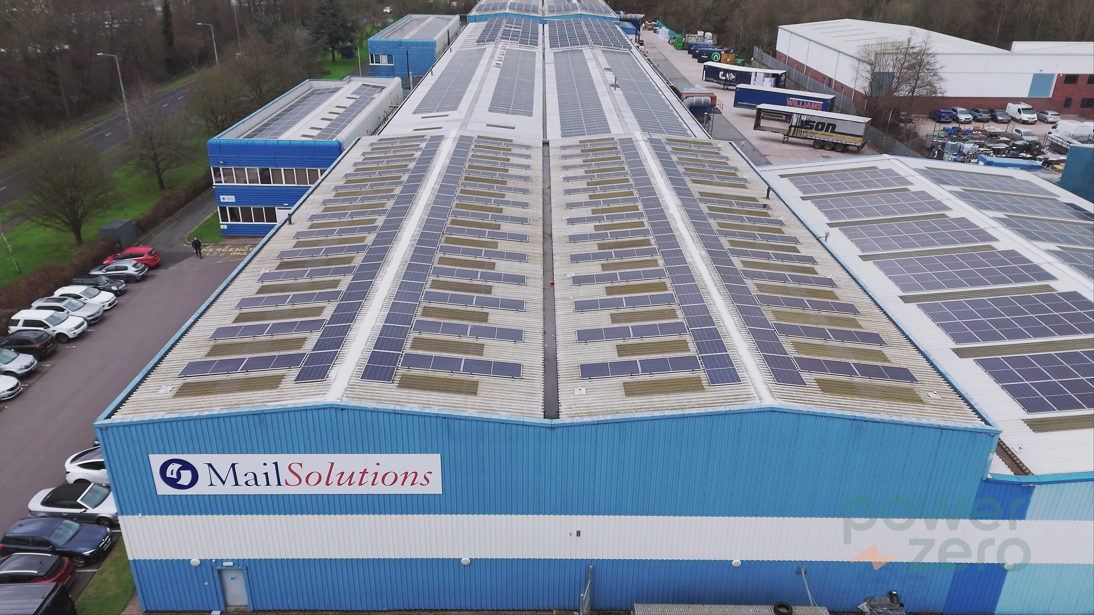 Aerial view of the complete Mail Solutions rooftop solar installation