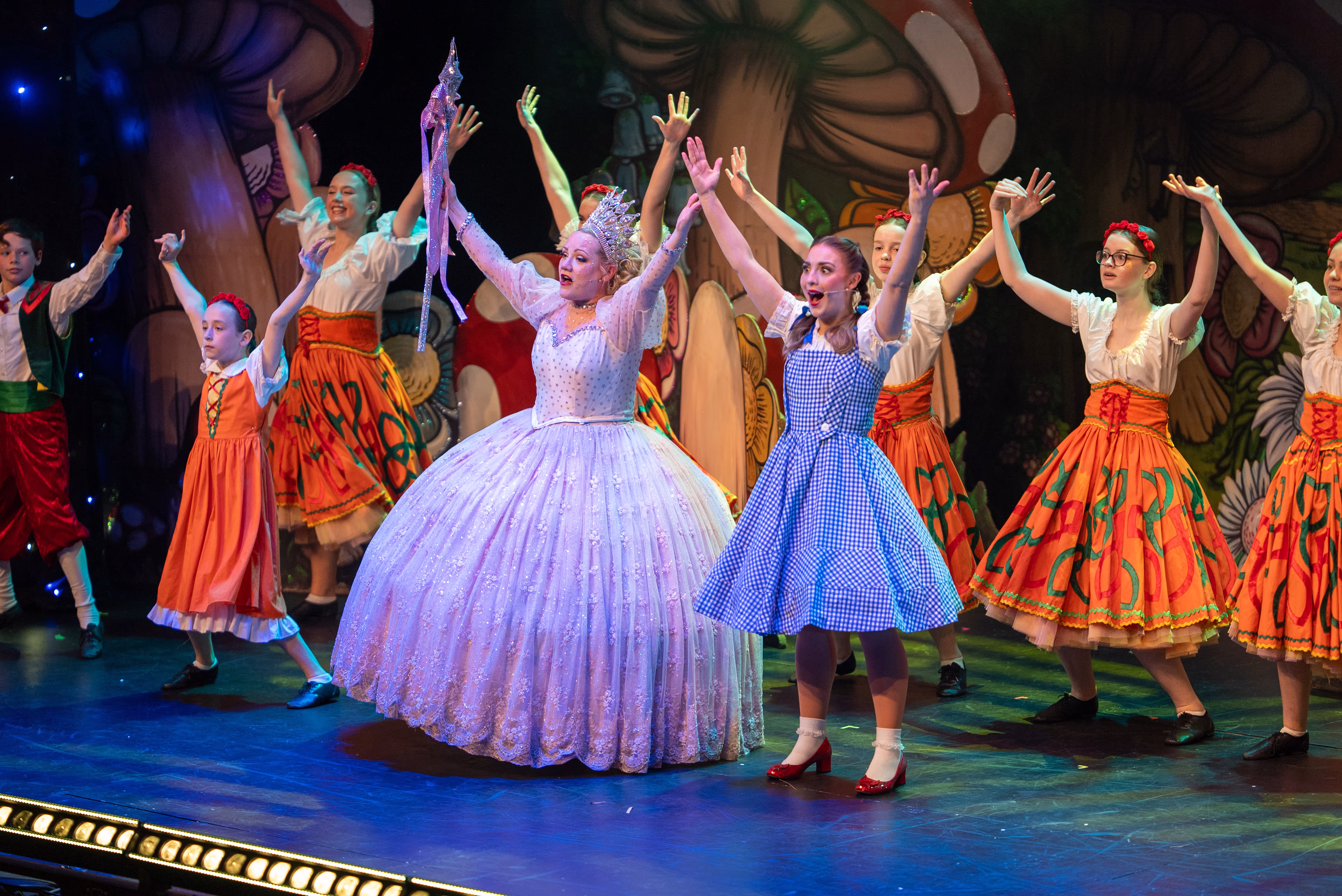 Colourful ensemble scene from Polkadot Pantomimes' The Wizard of Oz