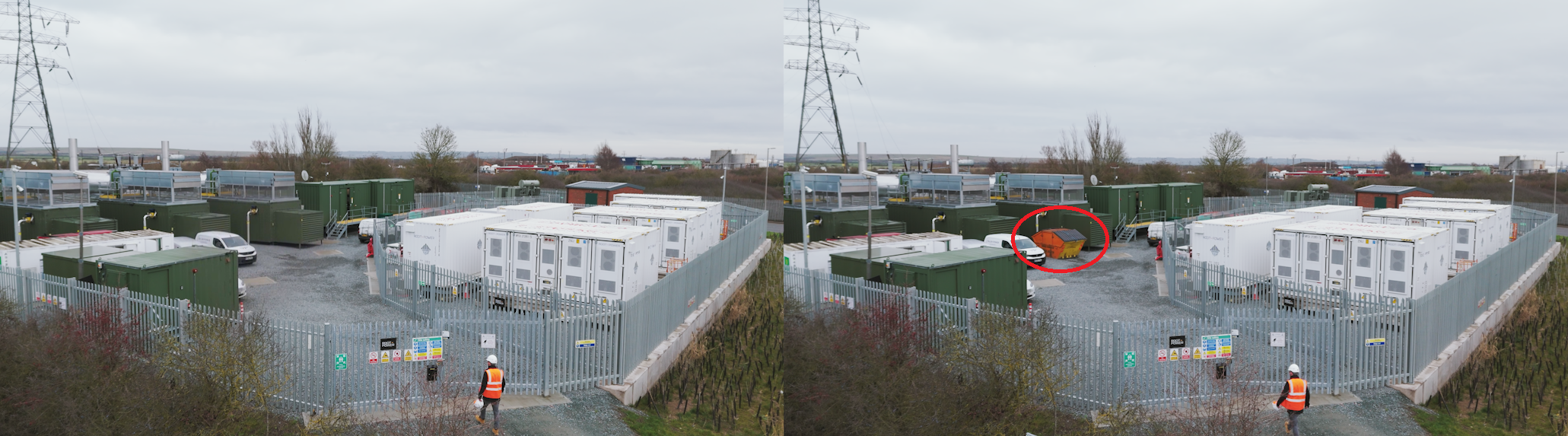 Before-and-after comparison showing an orange construction skip removed from a Coryton site shot