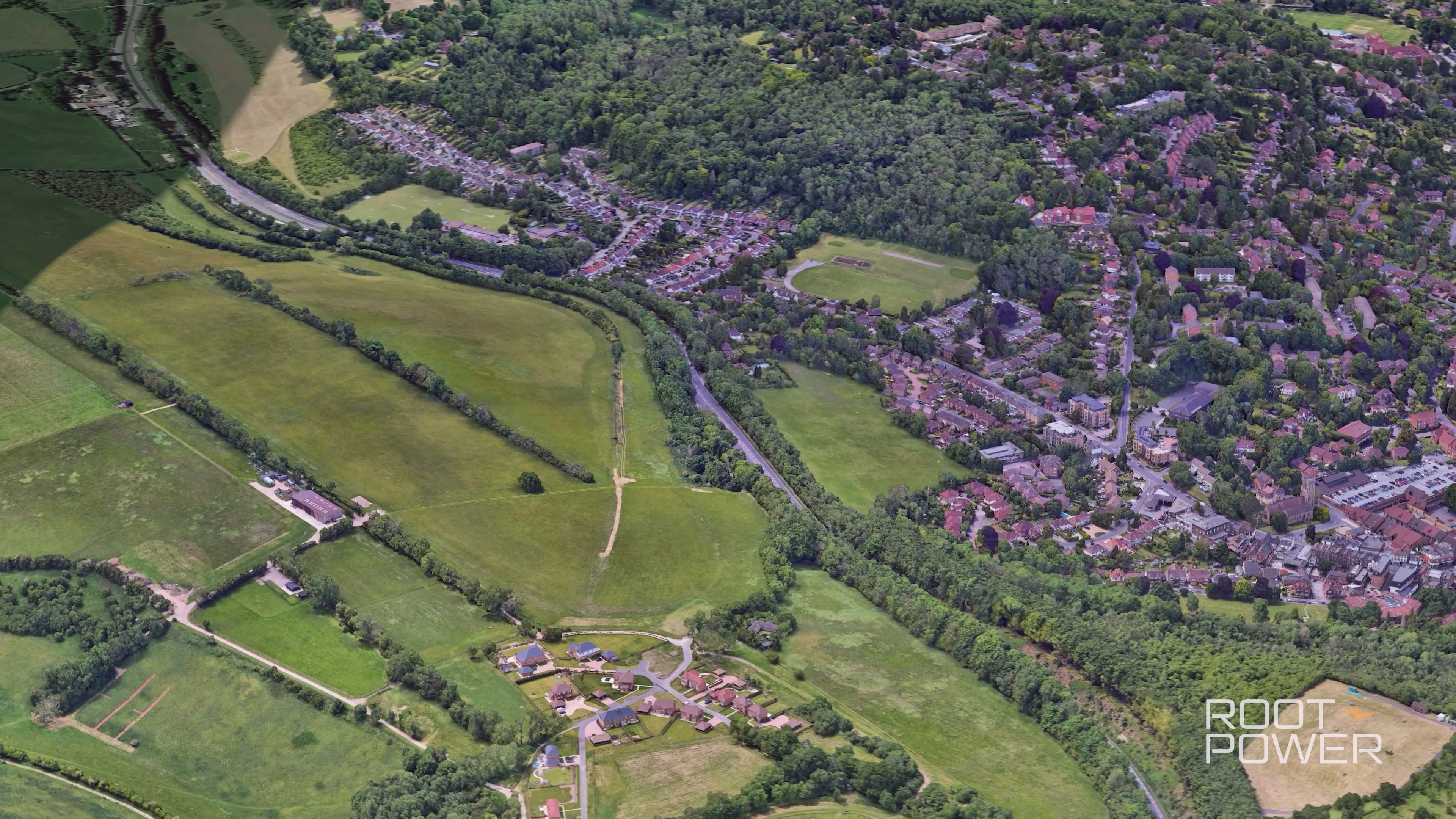 Wide aerial view of the Tillingdown project landscape and Caterham