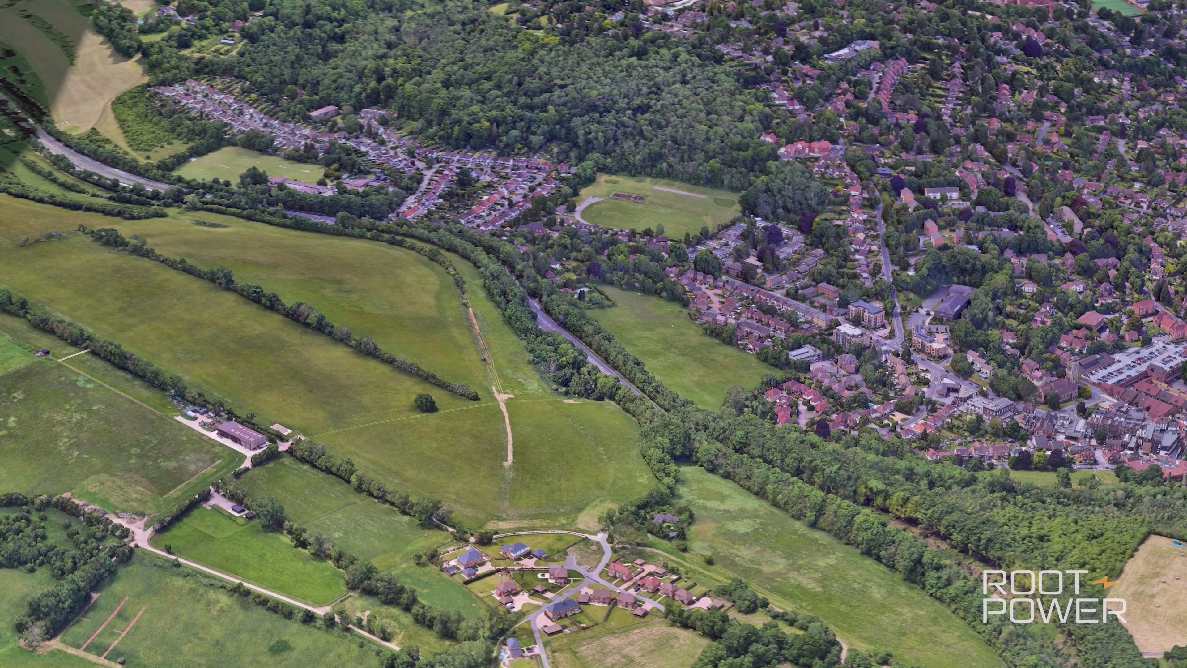 Aerial view showing the Tillingdown project site within the surrounding landscape