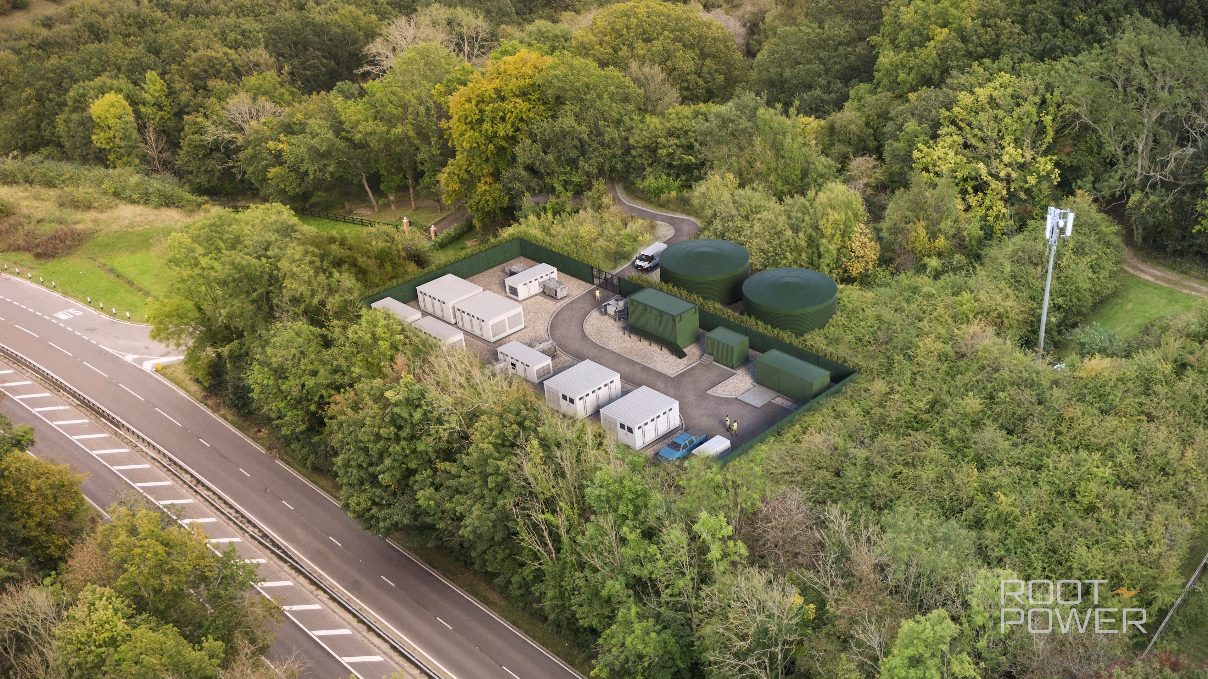 Aerial view of the Root-Power Tillingdown site beside Tillingdown Lane