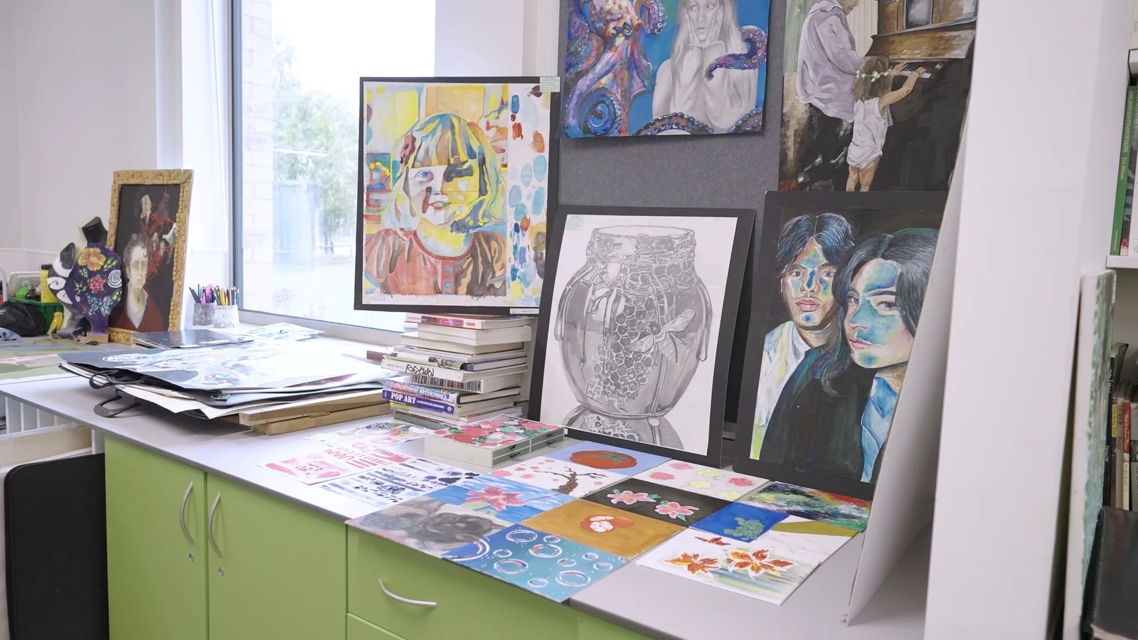 Student artwork displayed in the KES art department