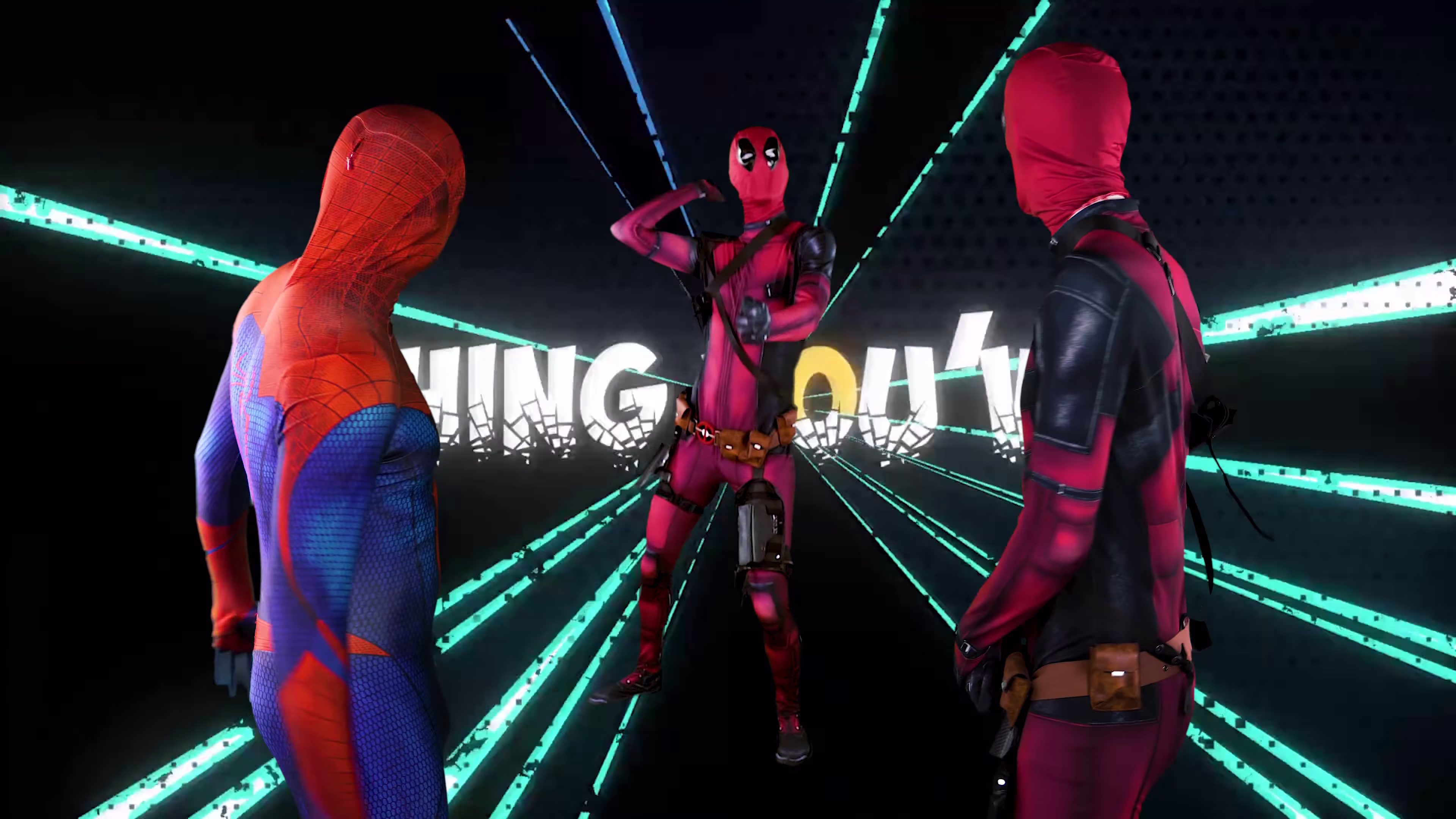 A duplicated Deadpool appears between the battling characters with radiating lines