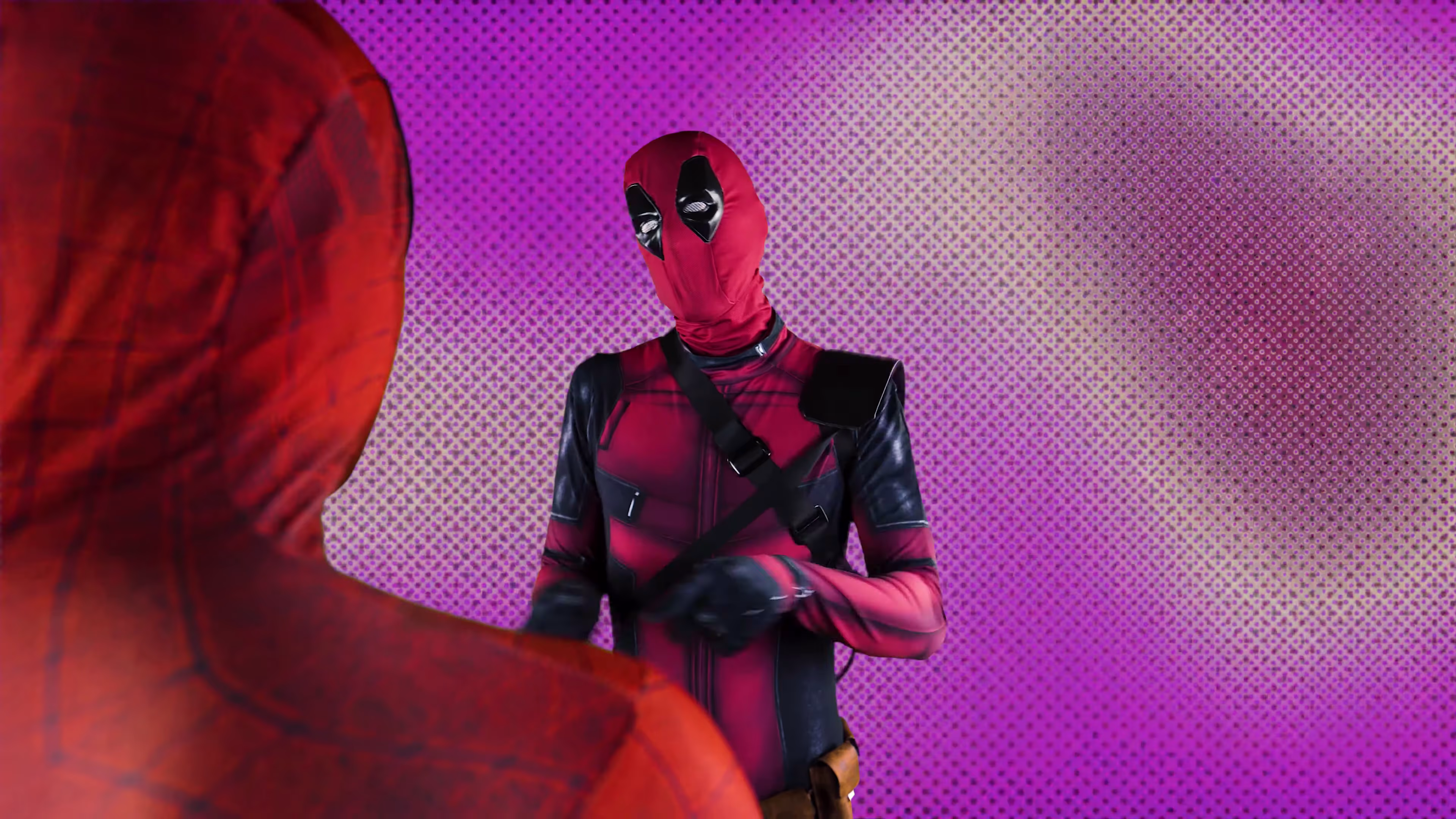 Deadpool facing Spider-Man against purple and pink smoky halftone texture