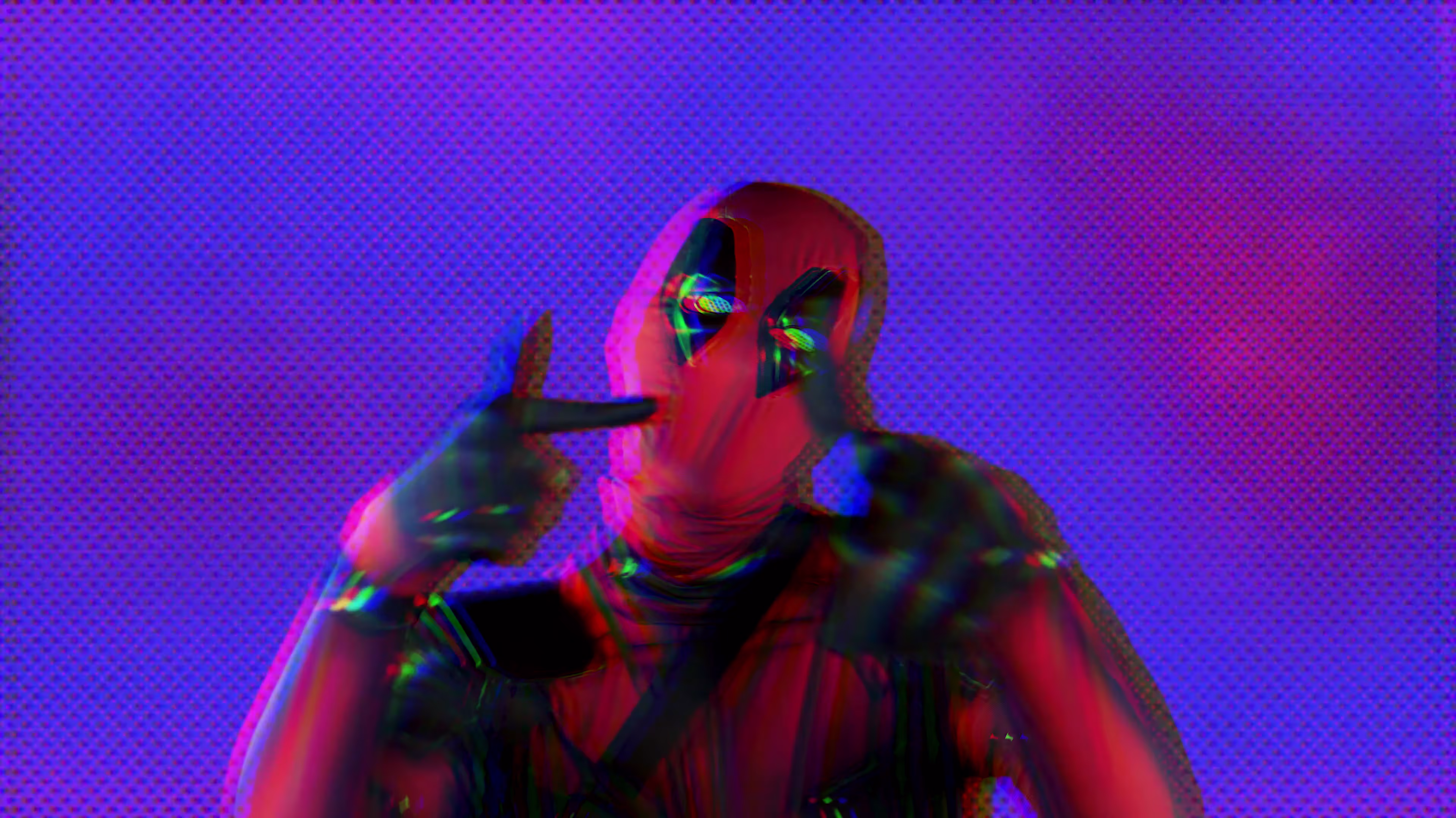 Deadpool with RGB displacement against a purple comic-book background