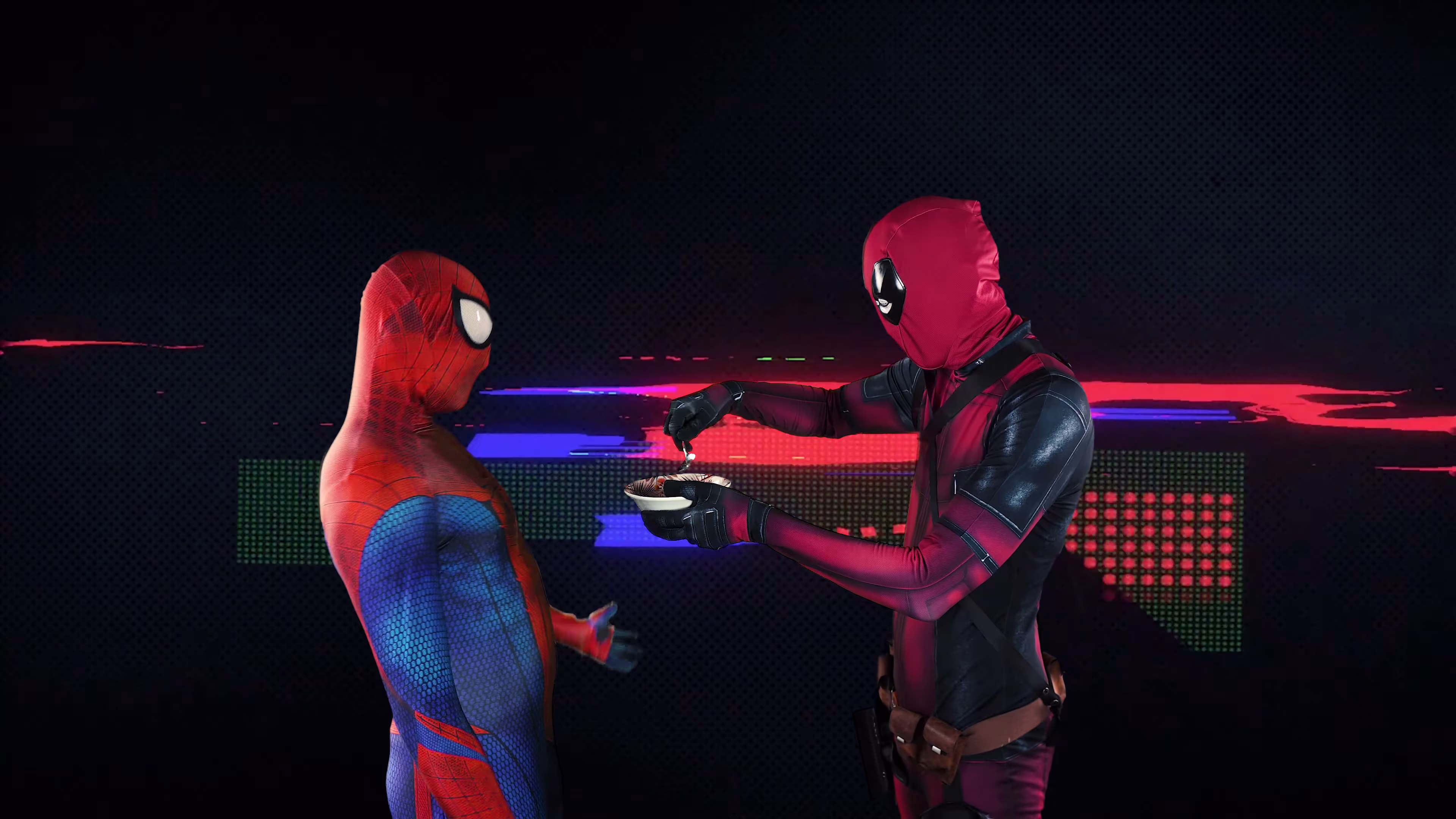 Deadpool addresses Spider-Man with red and blue glitch streaks behind them