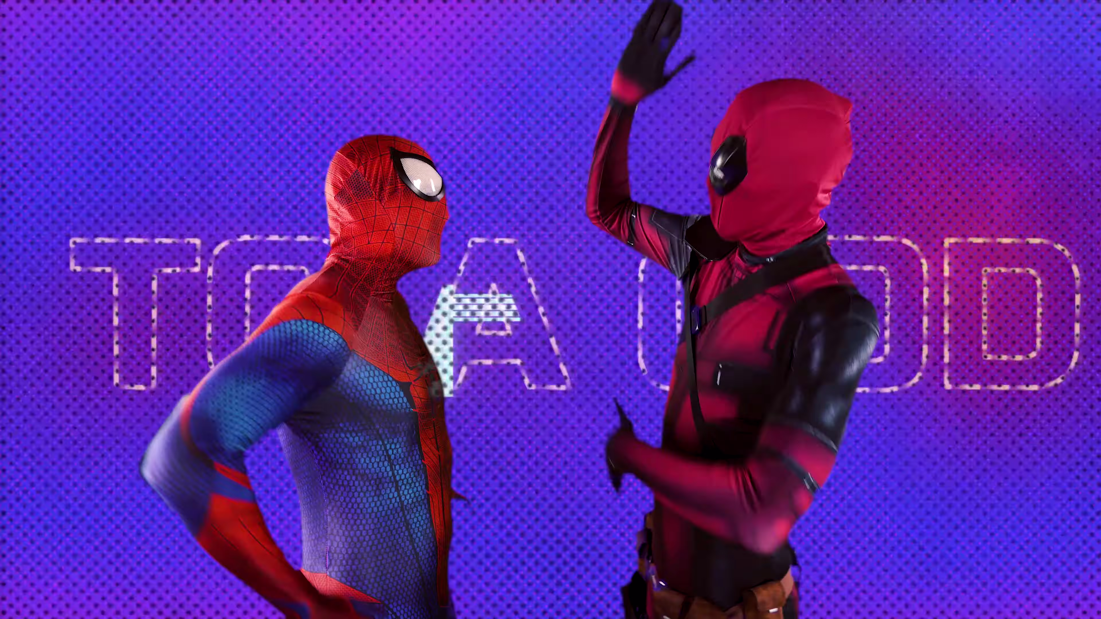 Deadpool gestures above Spider-Man against a purple halftone panel