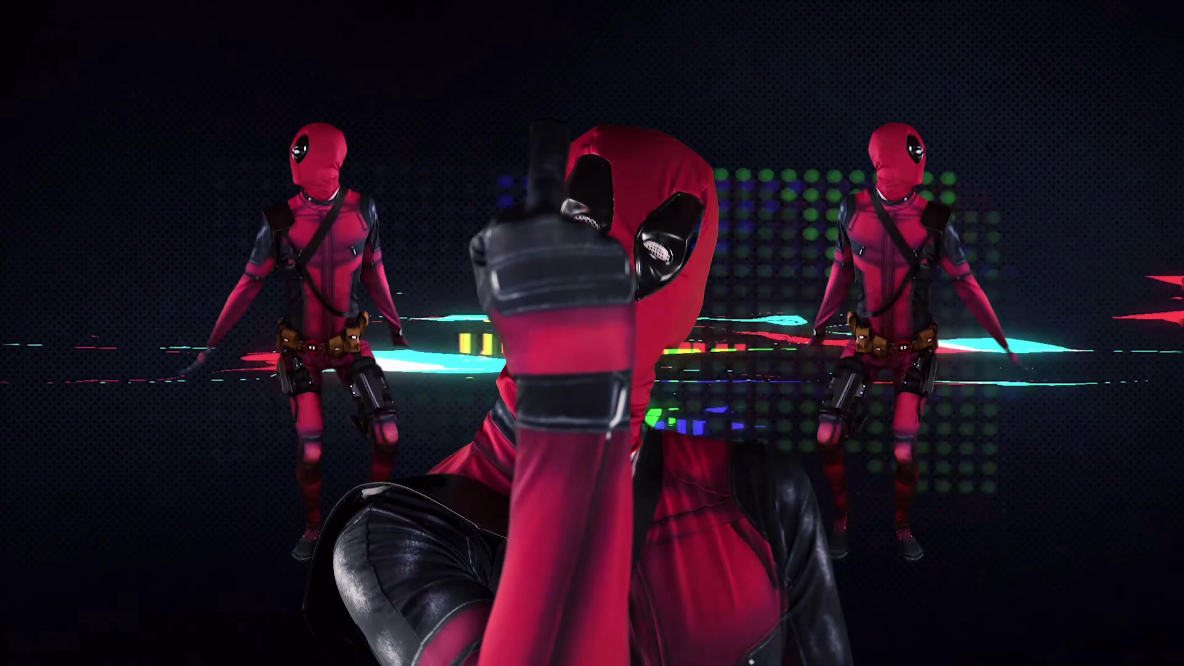 Three versions of Deadpool layered into the same performance frame