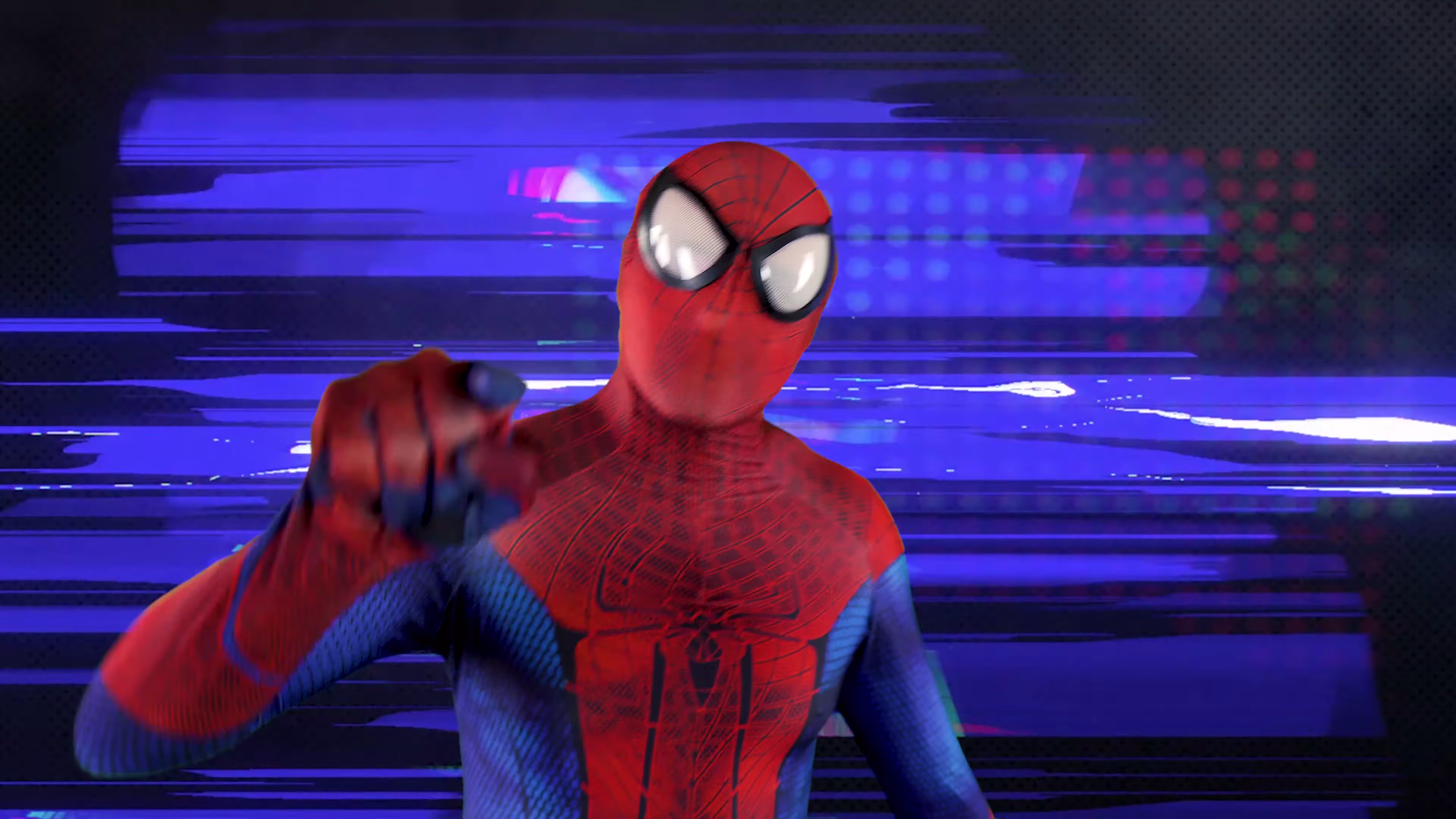 Spider-Man performing against blue horizontal glitch streaks