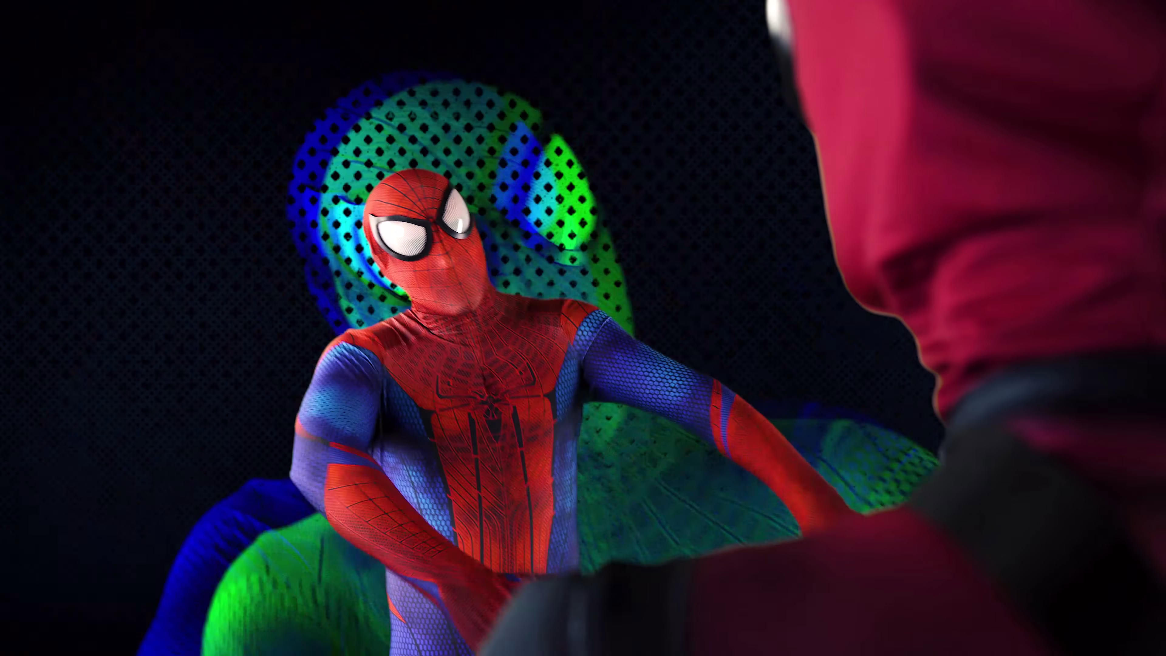 Green and blue halftone echoes offset behind Spider-Man
