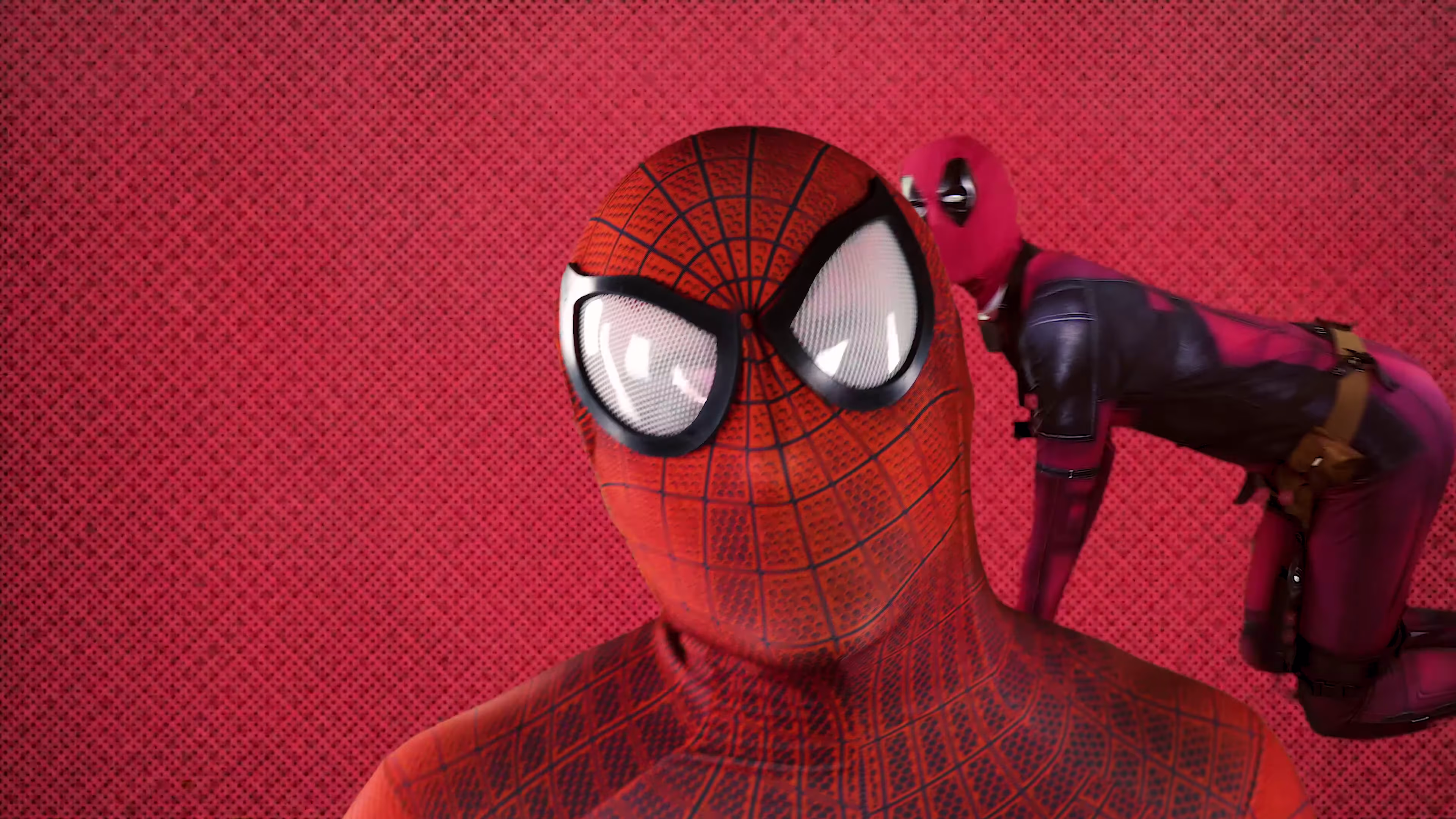 Spider-Man close to camera with Deadpool behind him against red halftone dots