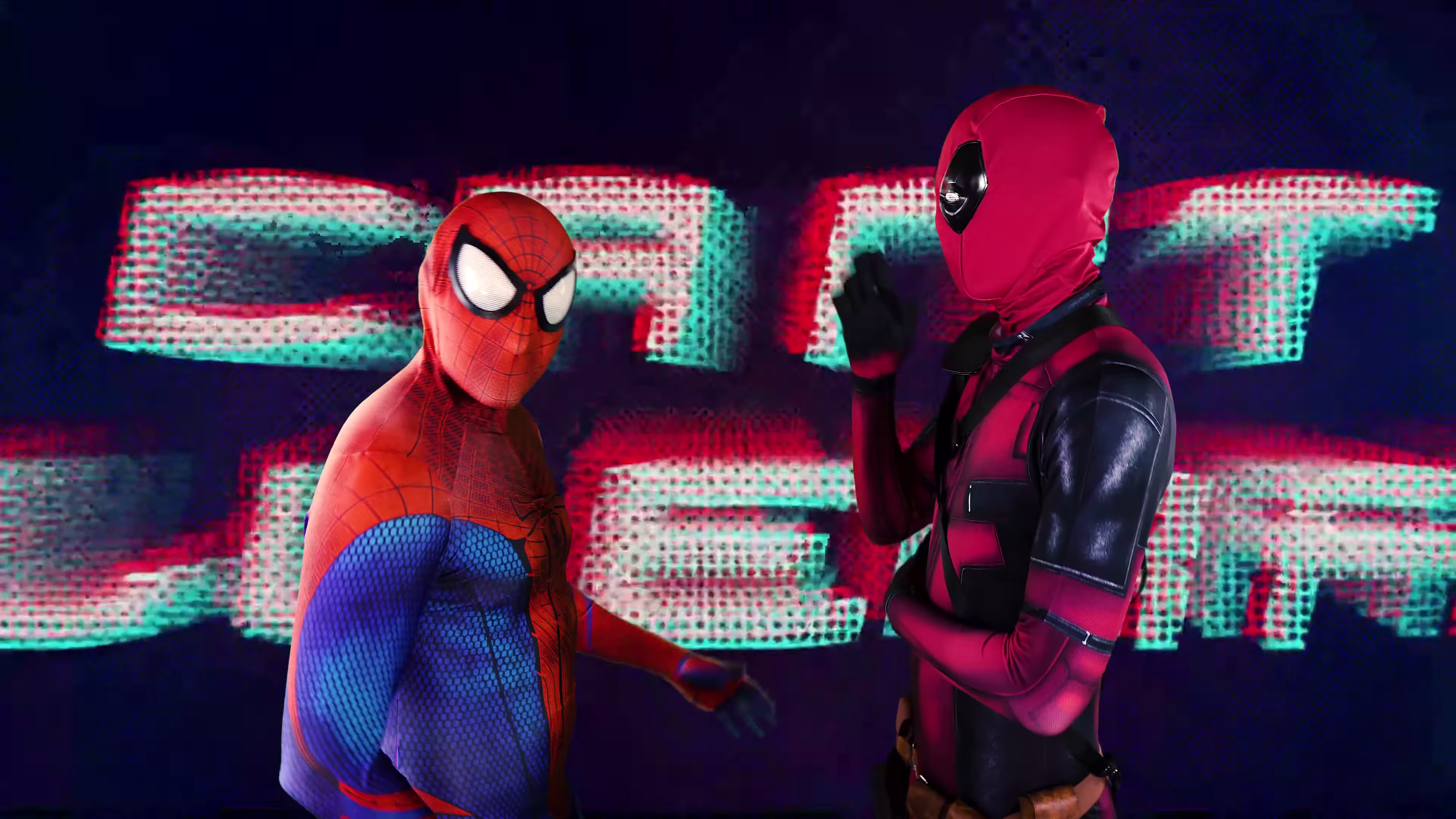 Spider-Man and Deadpool in front of oversized colour-separated lettering