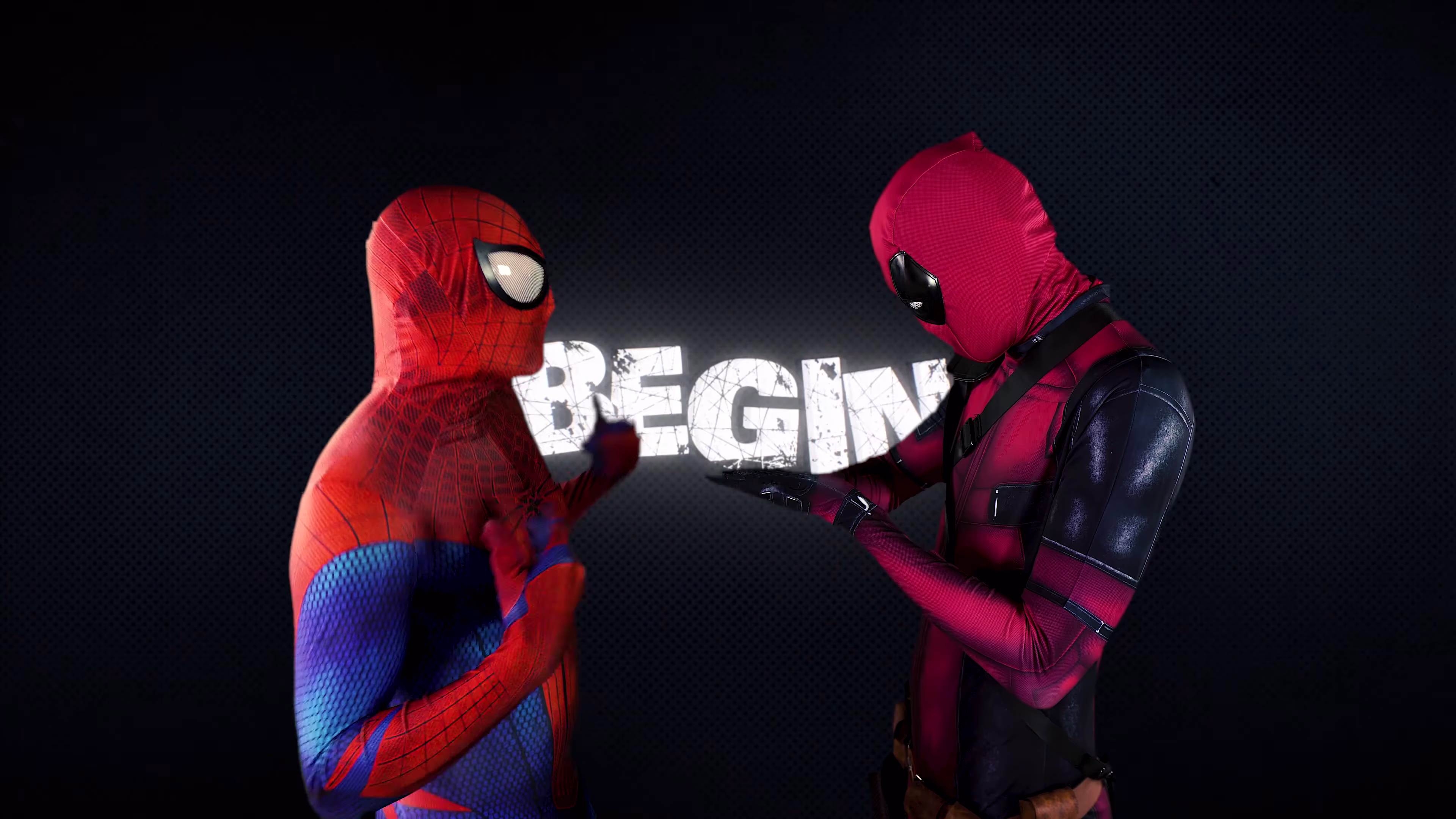 Spider-Man and Deadpool face each other as the rap battle begins