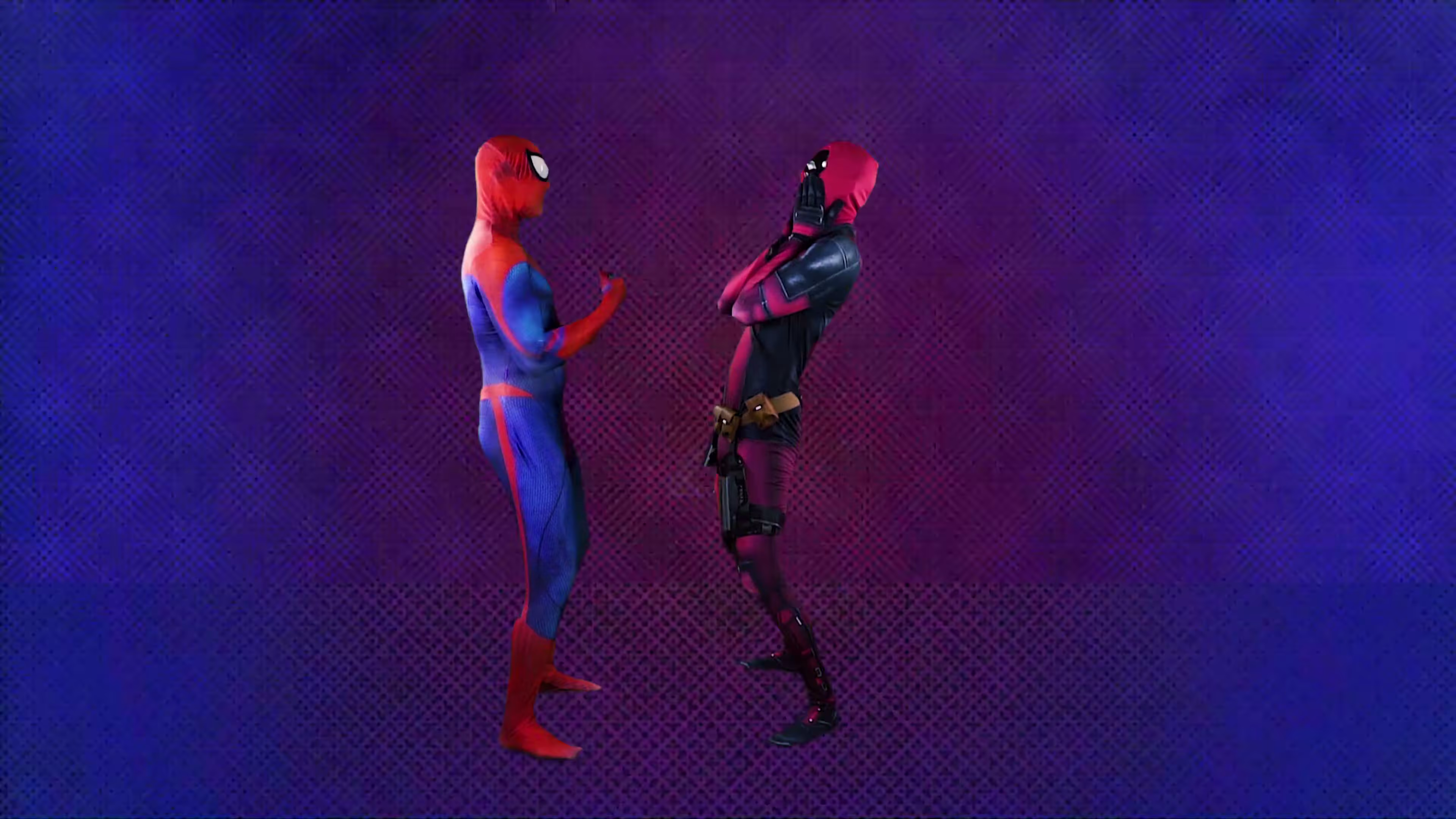 Full-length Spider-Man and Deadpool in a purple smoky composite