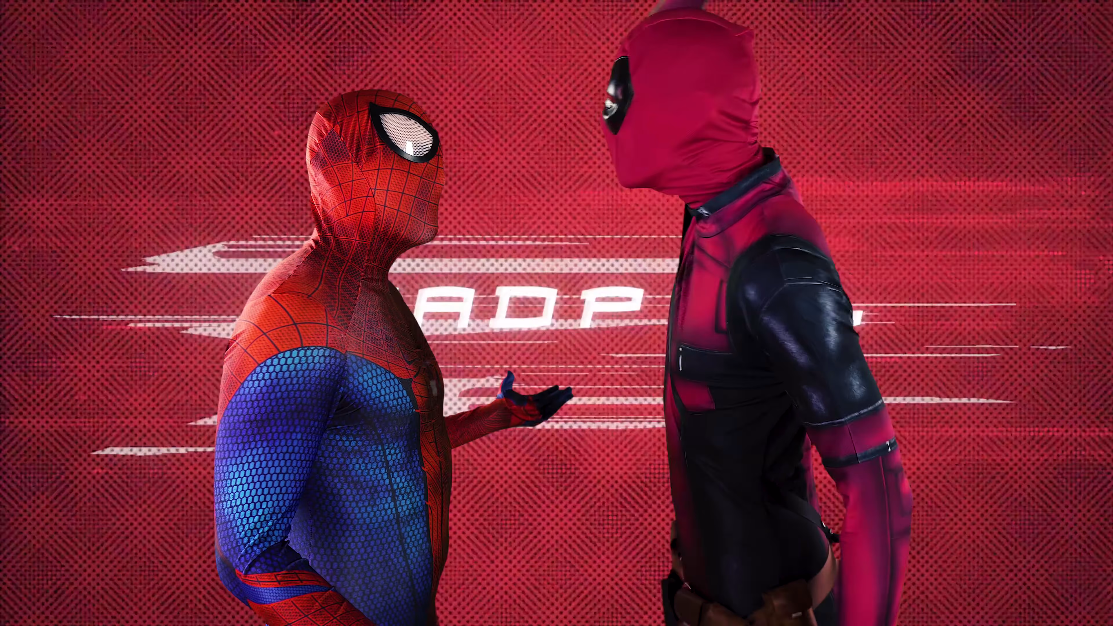 Spider-Man and Deadpool framed together against red halftone dots and speed lines