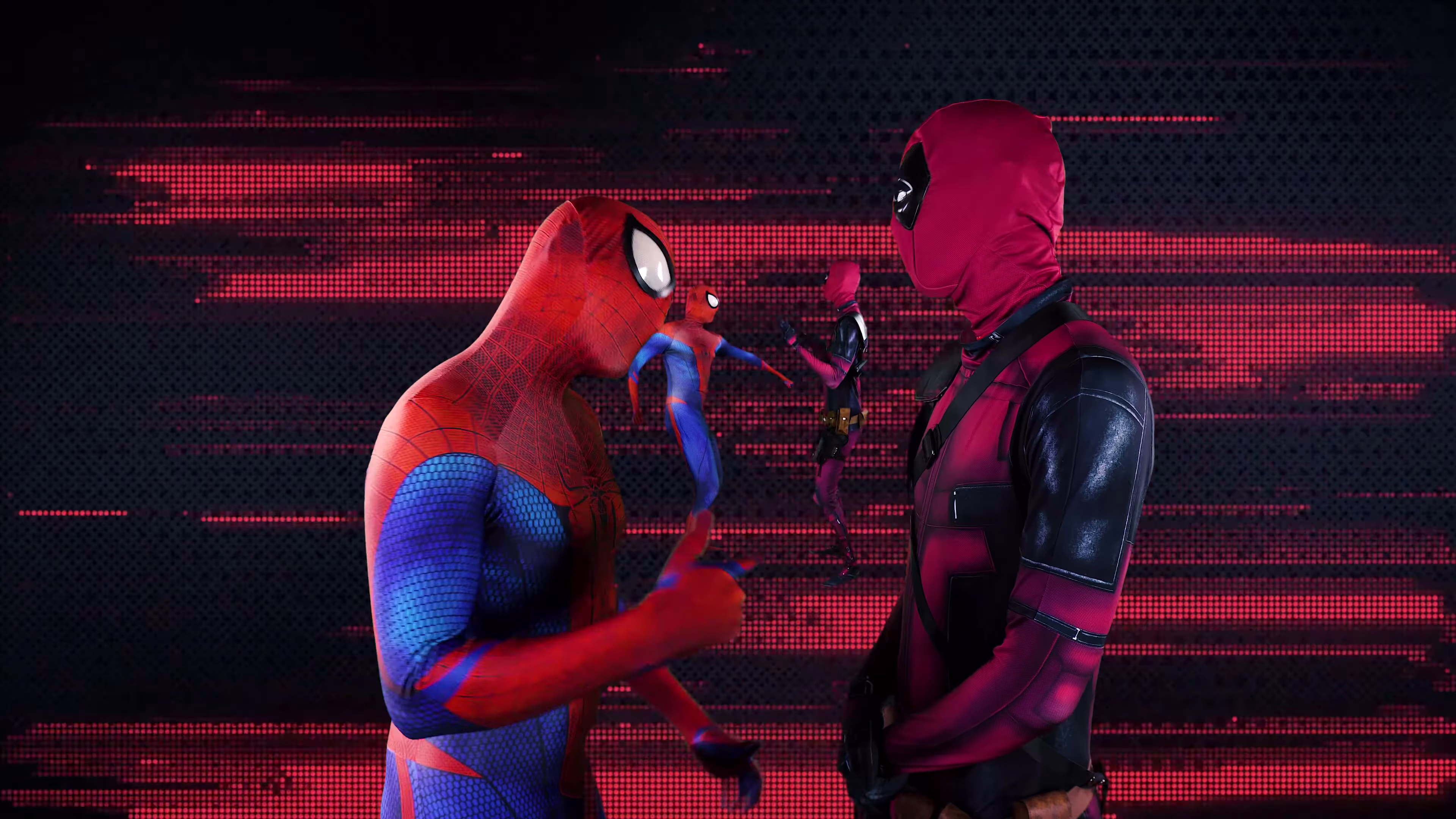Spider-Man and Deadpool facing off against red horizontal glitch streaks