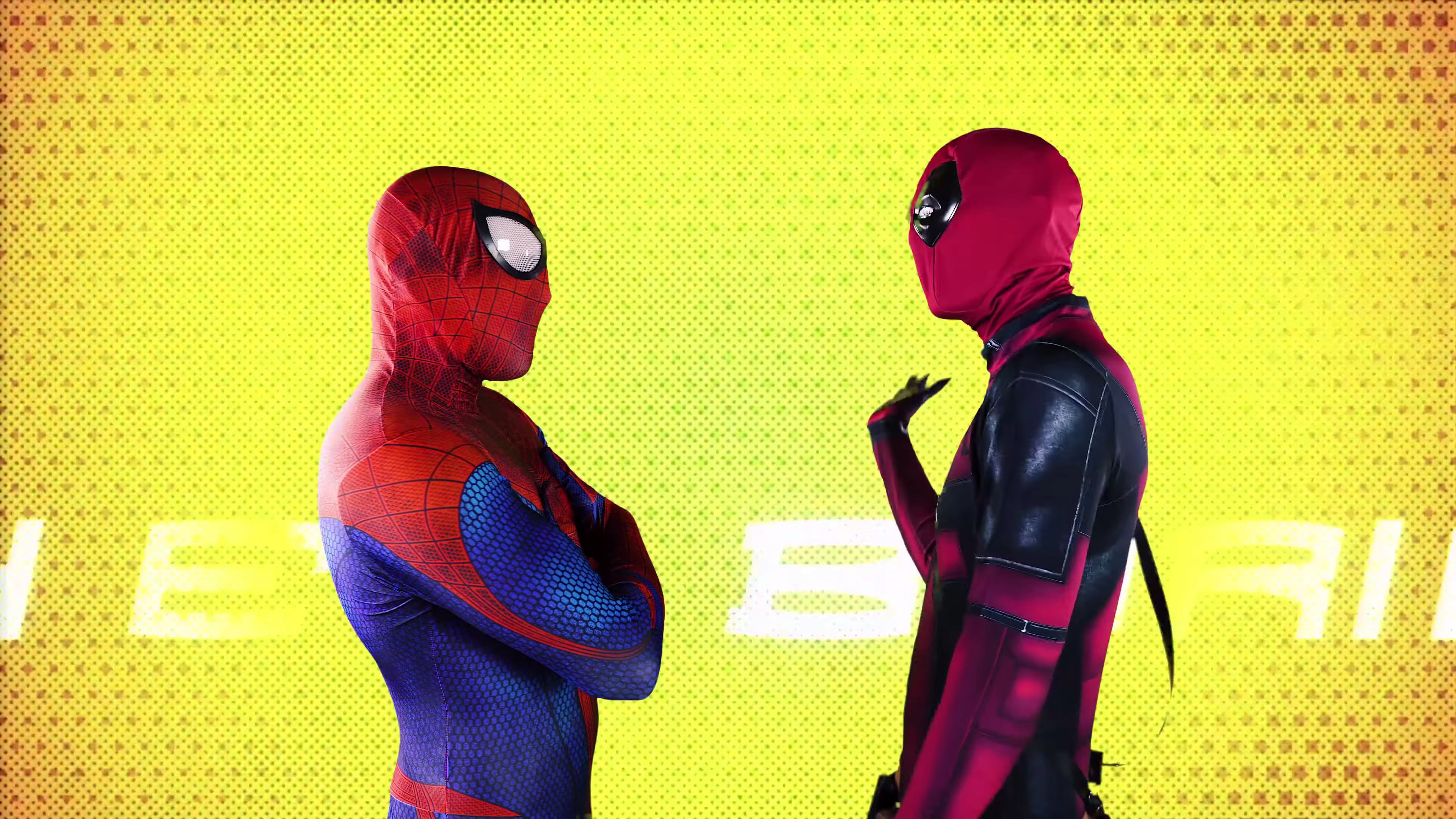 Spider-Man and Deadpool face off against a bright yellow comic panel