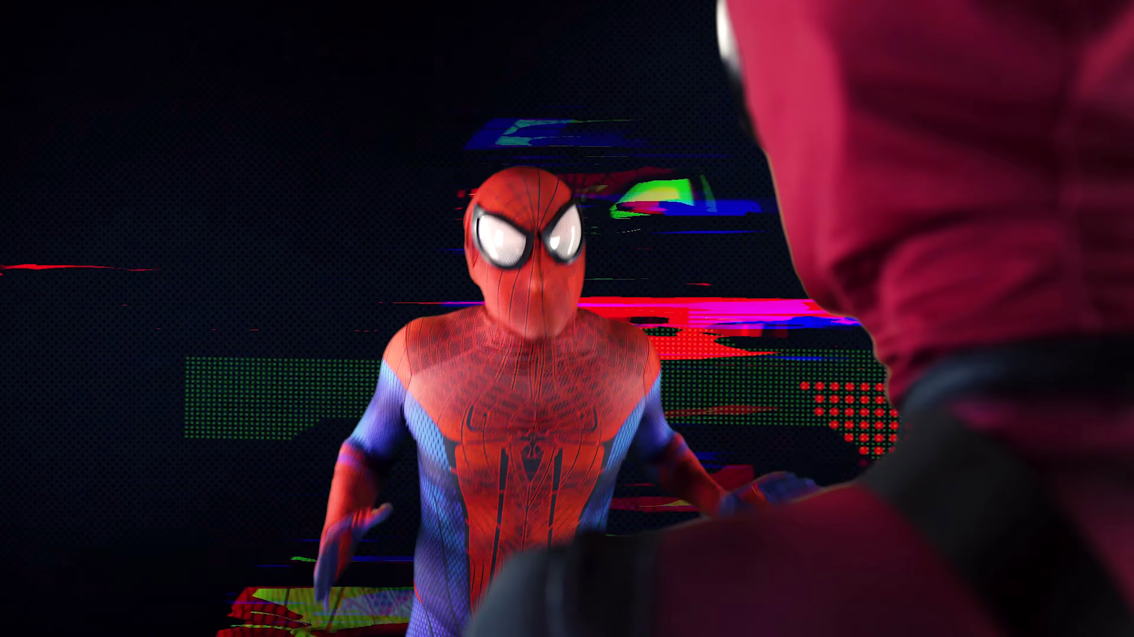 Bright horizontal glitch fragments behind Spider-Man’s performance