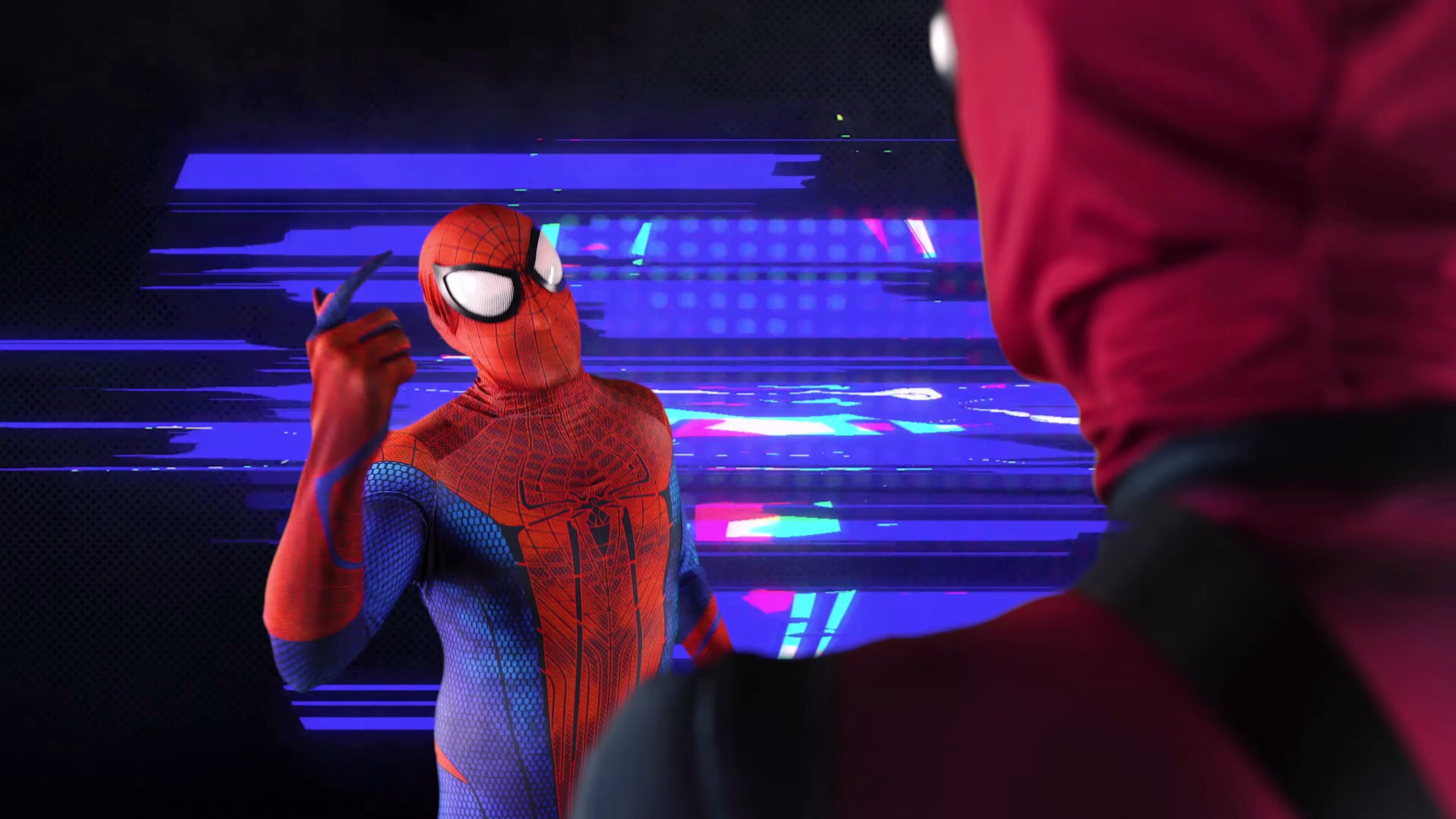 Spider-Man delivering a line with electric-blue streaks behind him