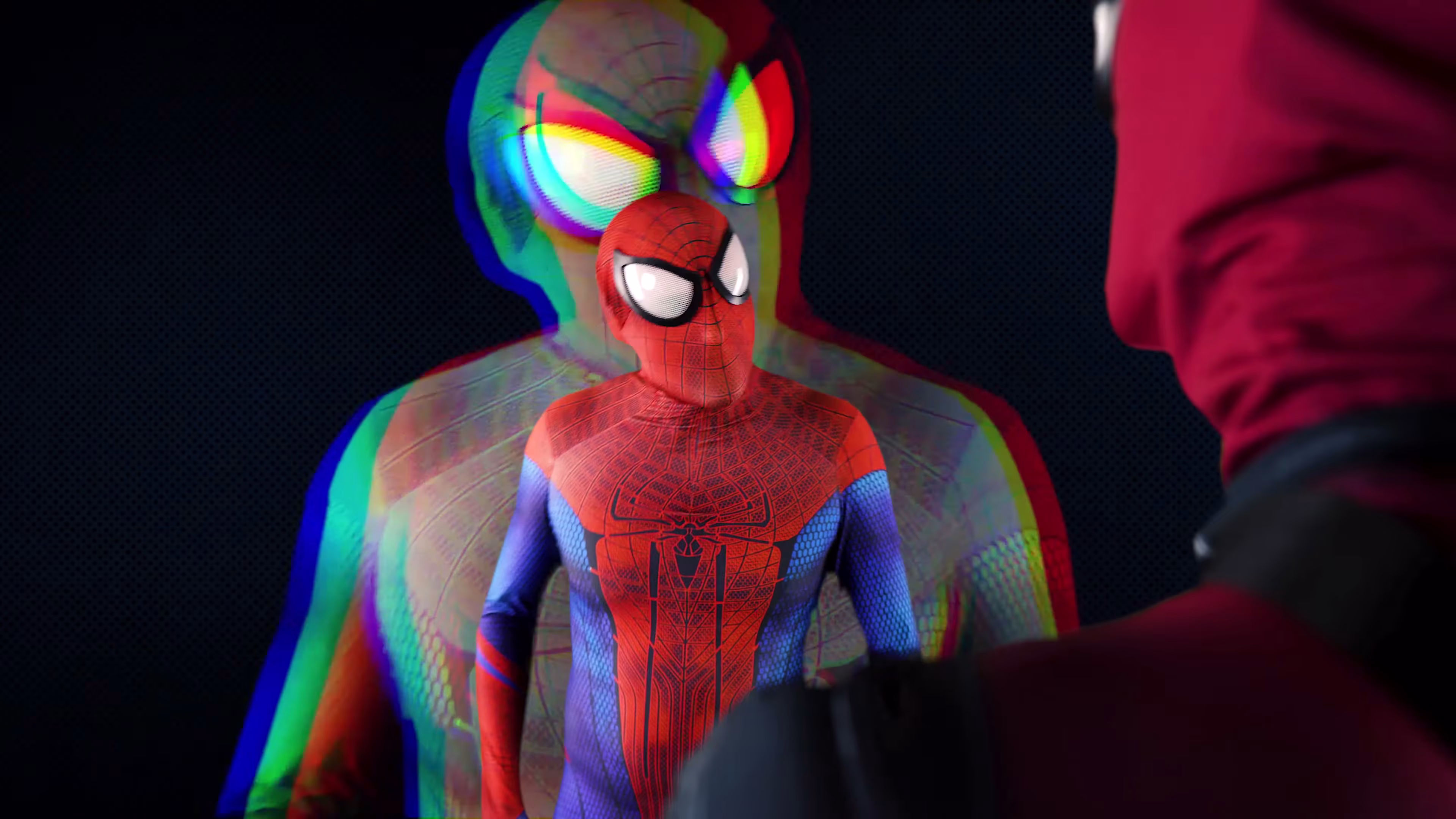 Spider-Man with an enlarged RGB-displaced double behind him and Deadpool in the foreground