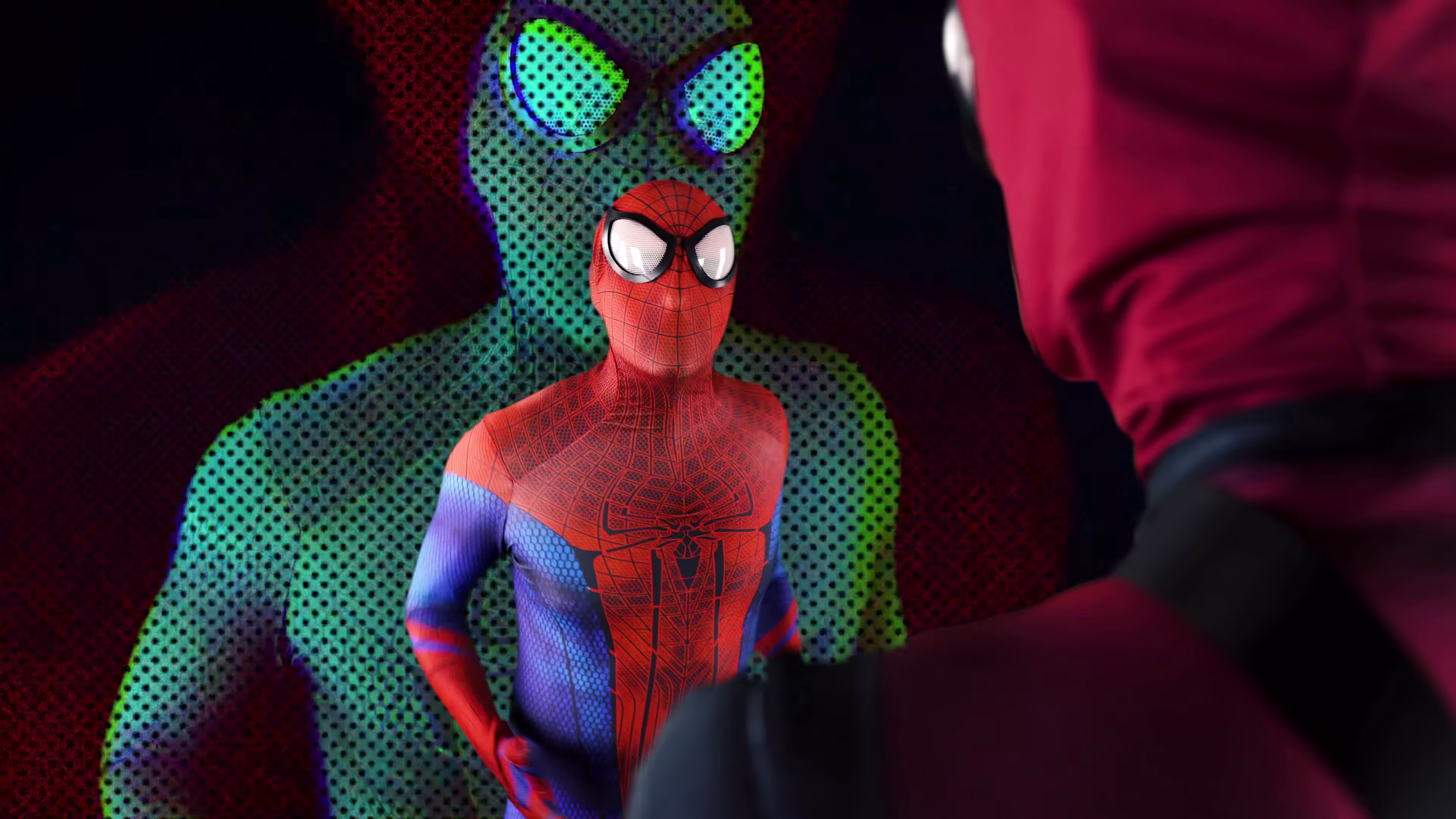 A large green and blue halftone duplicate behind Spider-Man
