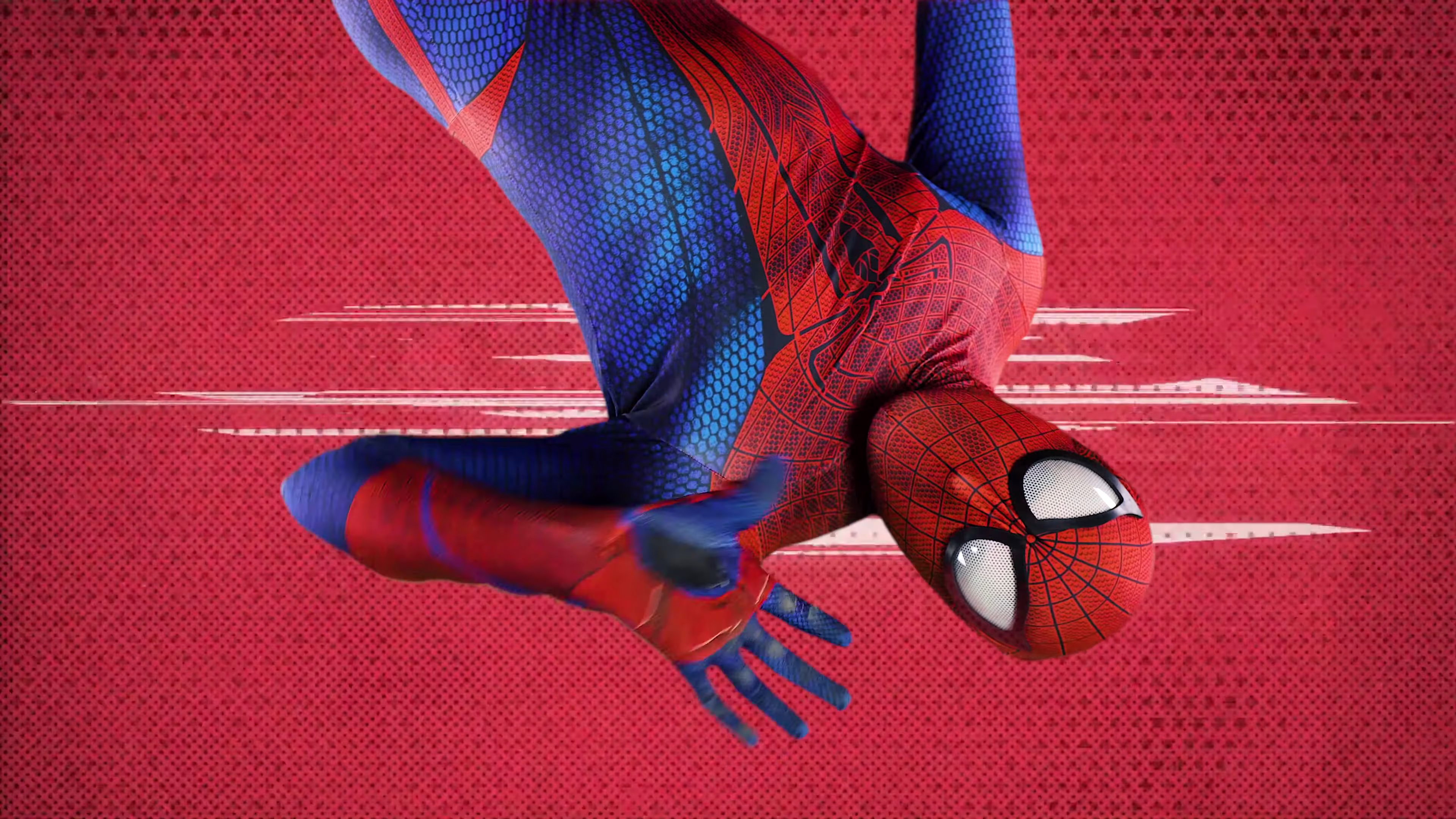 Spider-Man hanging upside down against a red halftone comic background