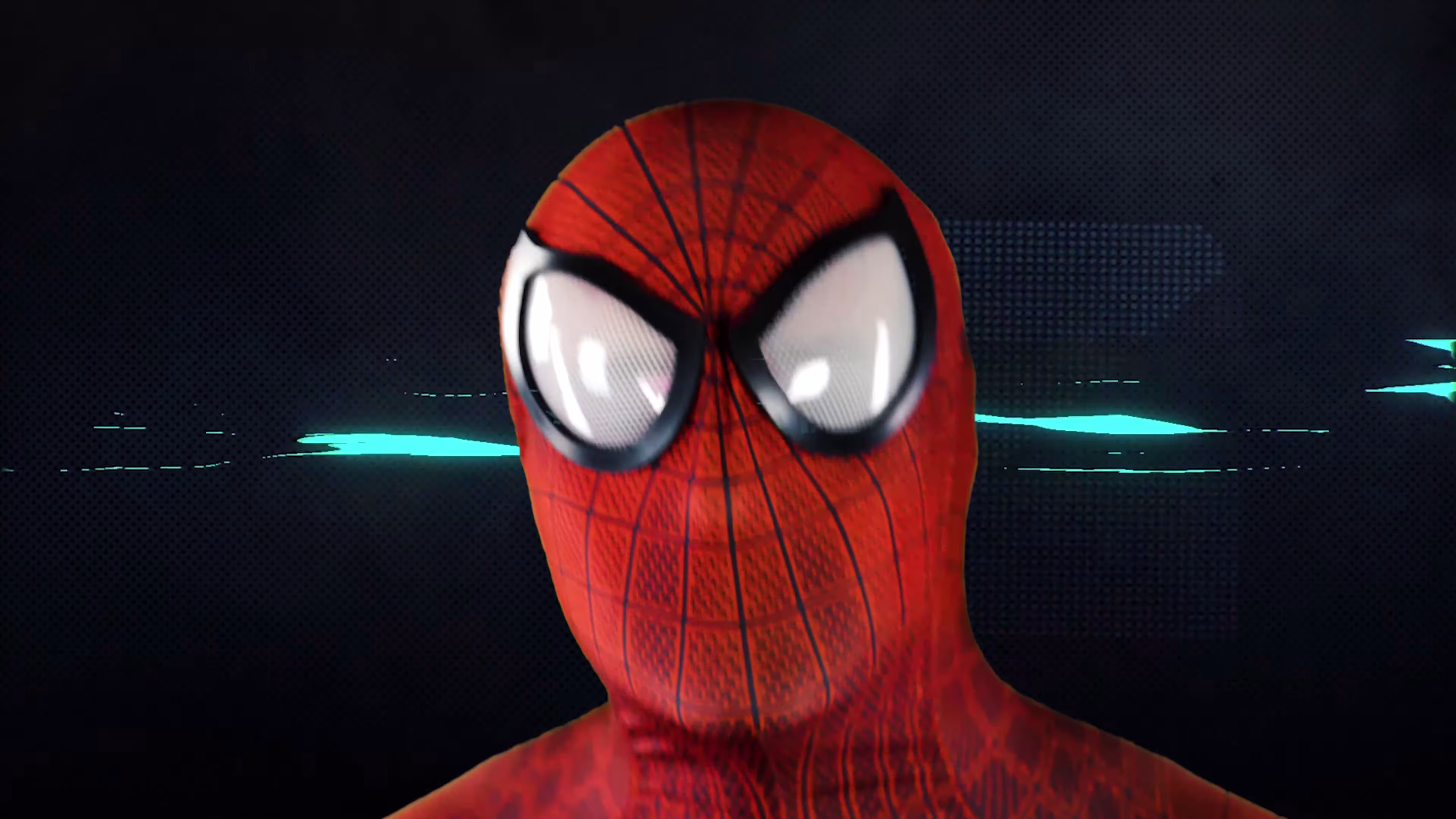 Close-up of Spider-Man’s mask with turquoise graphic light behind