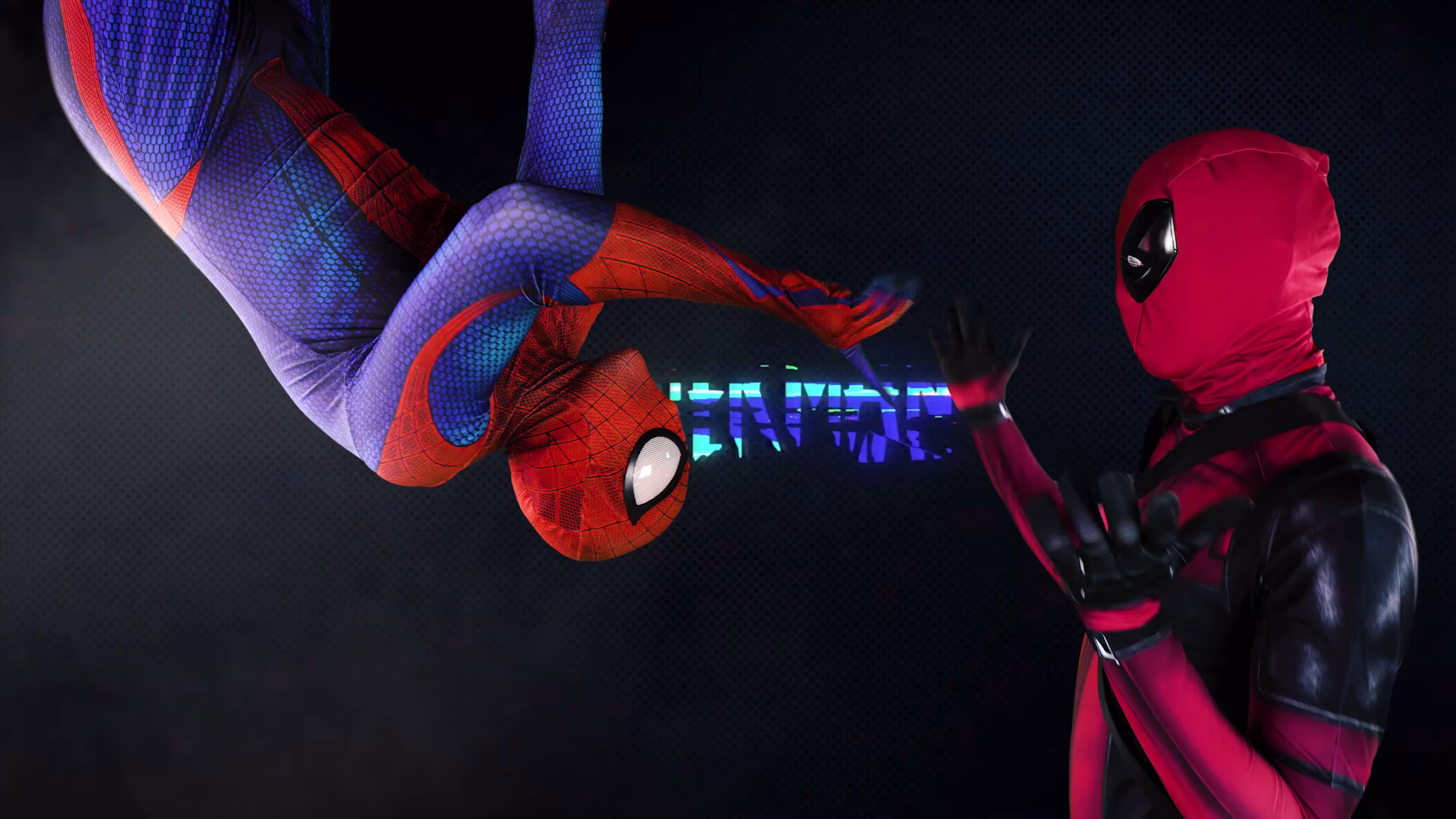 Upside-down Spider-Man facing Deadpool in the finished green-screen composite