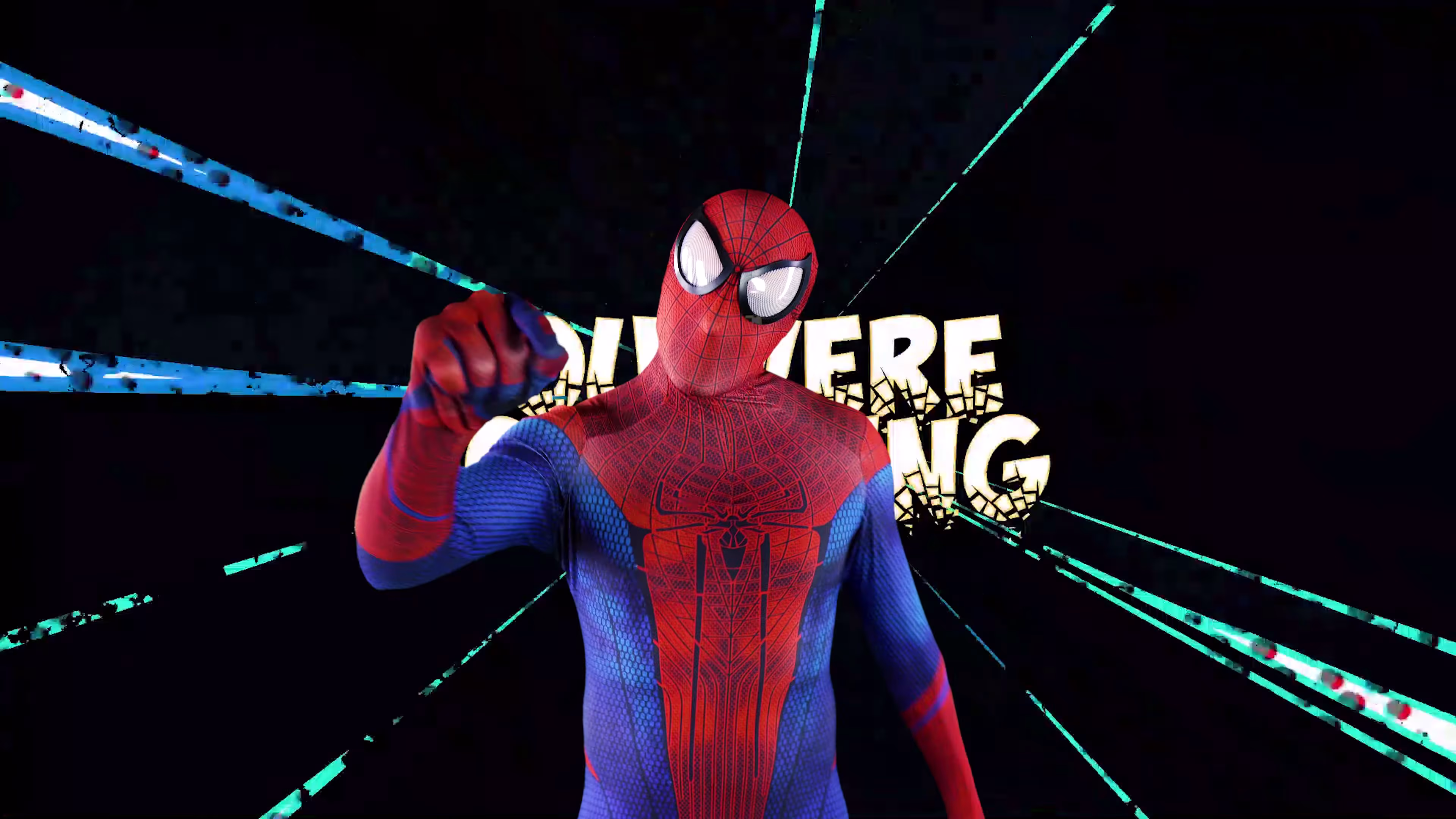 Spider-Man framed by radiating blue and turquoise lines
