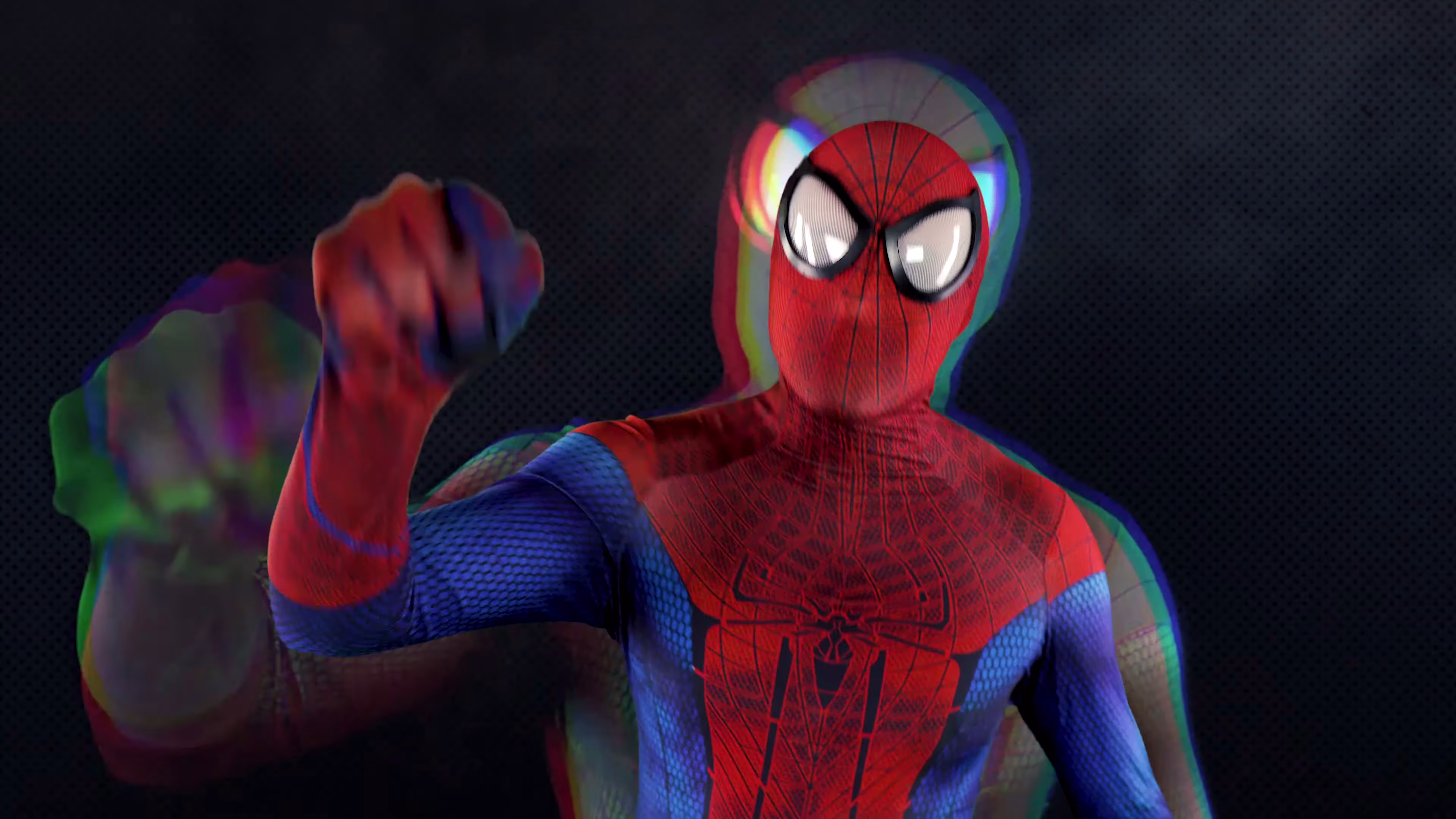 Coloured RGB echoes trail Spider-Man’s raised hand and mask