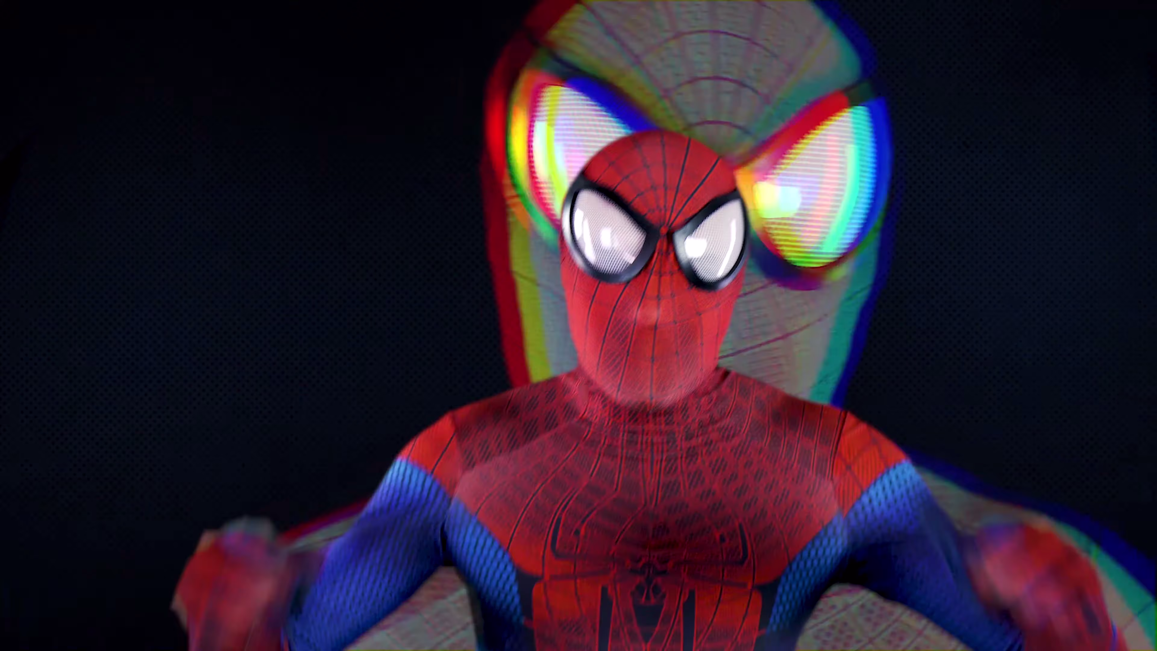 RGB colour separation creates an enlarged echo of Spider-Man’s mask