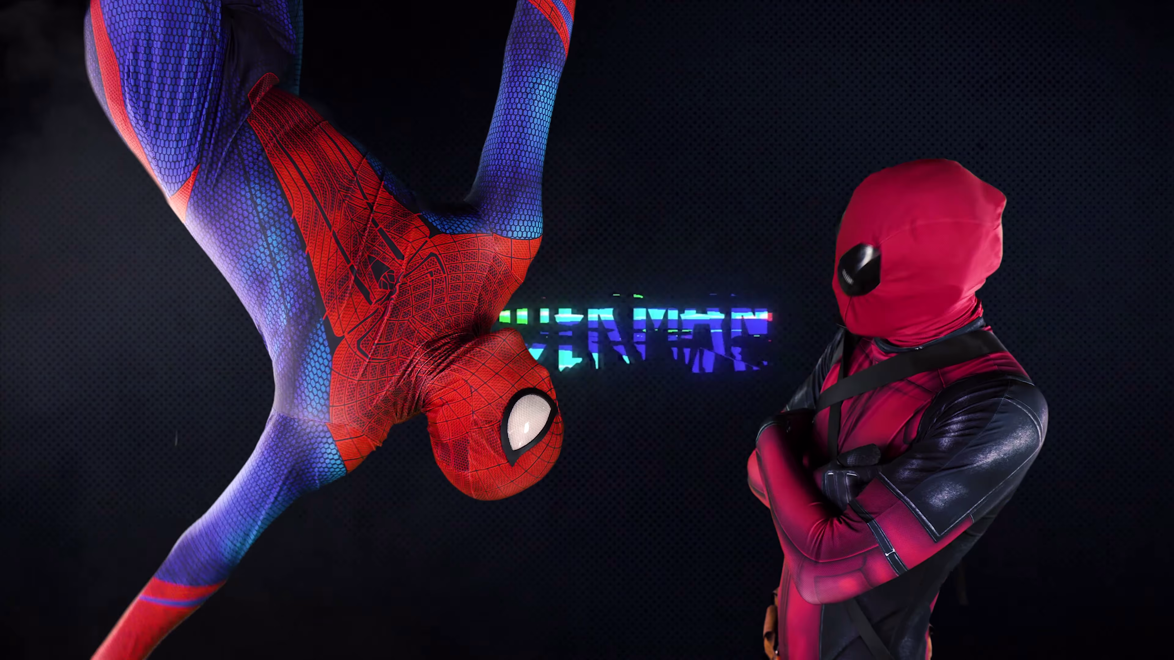 Deadpool watches Spider-Man perform upside down