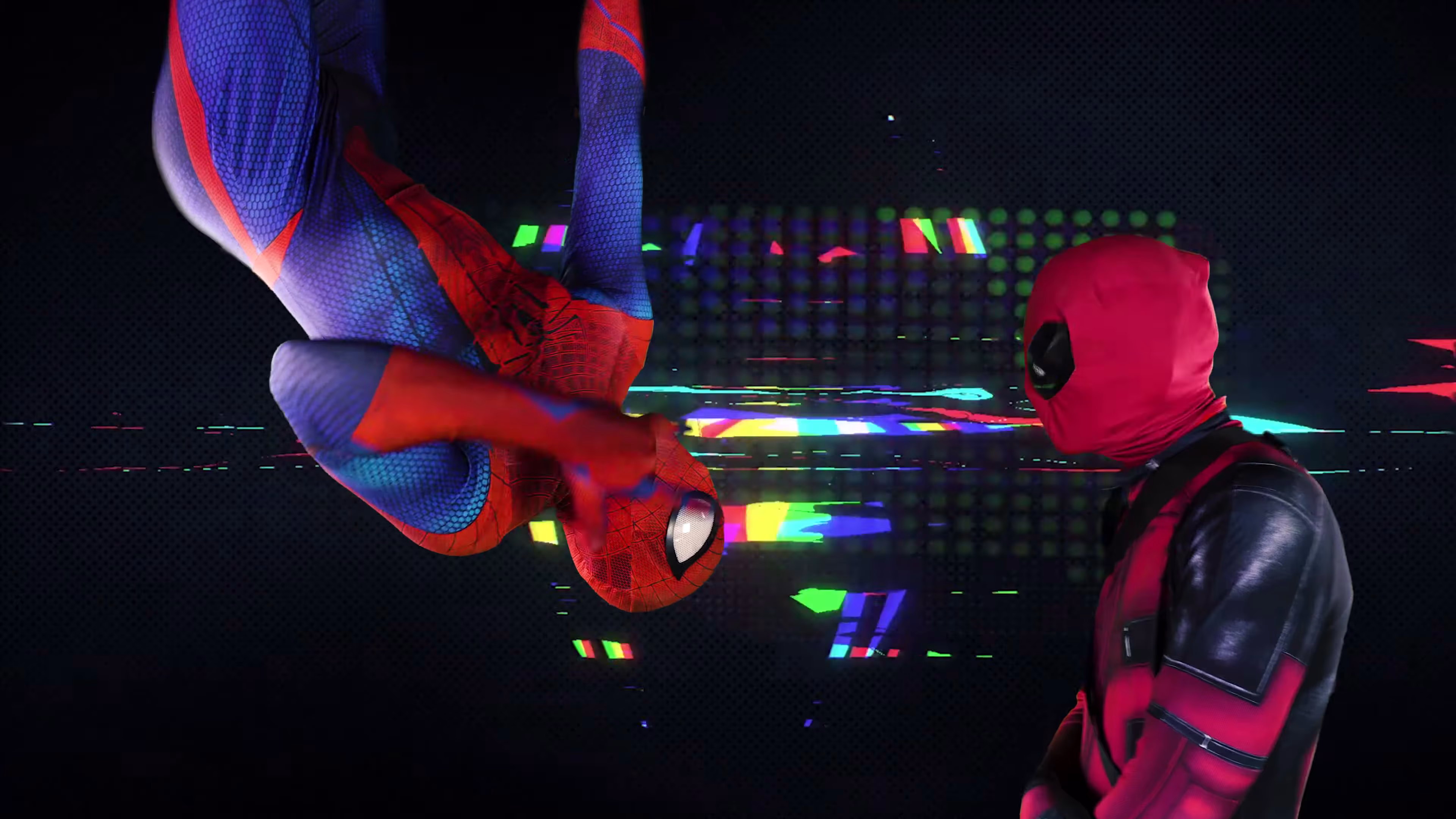 Spider-Man hanging upside down beside Deadpool against a glitch background