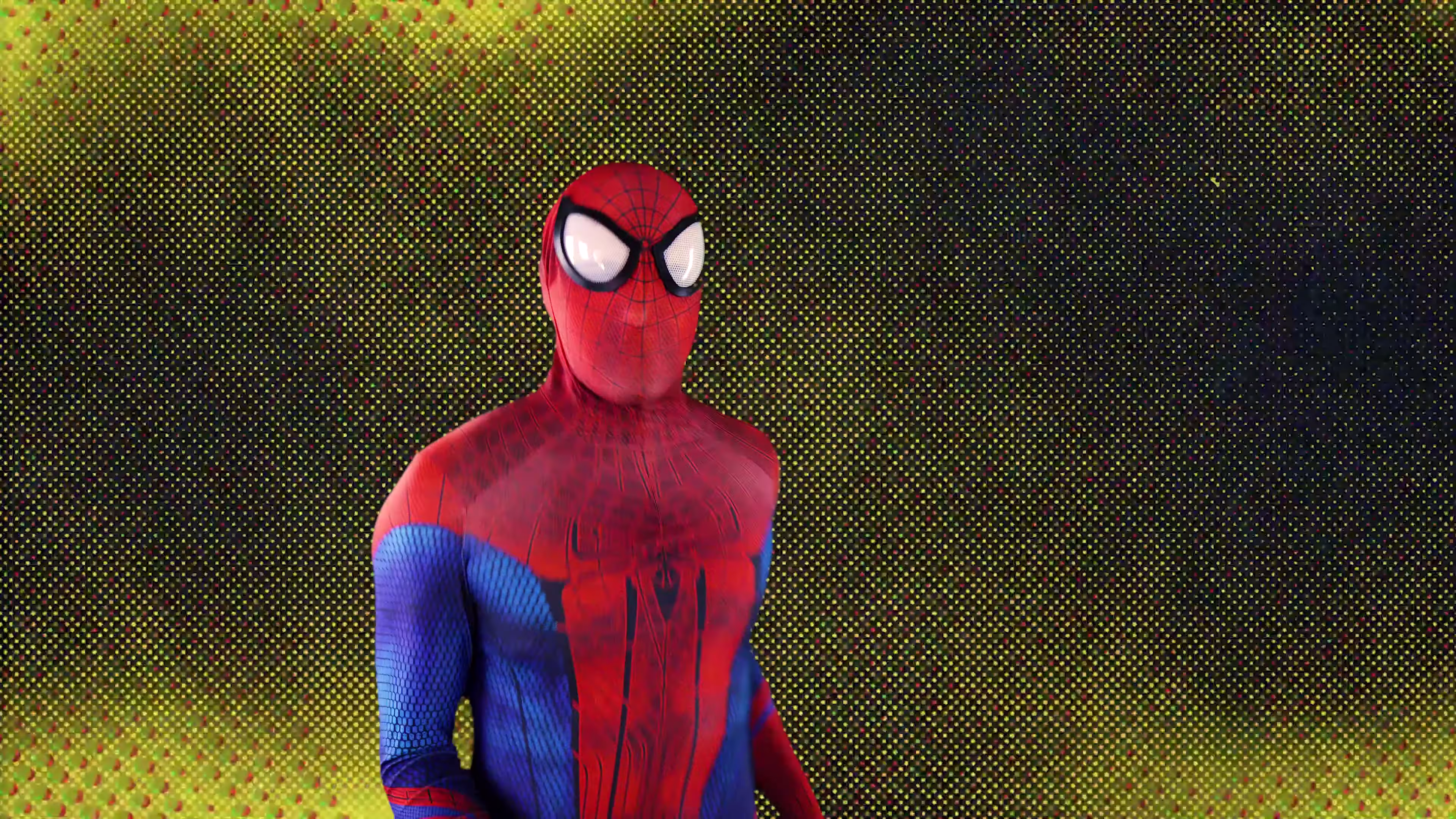 Spider-Man against a yellow smoky background with printed halftone texture
