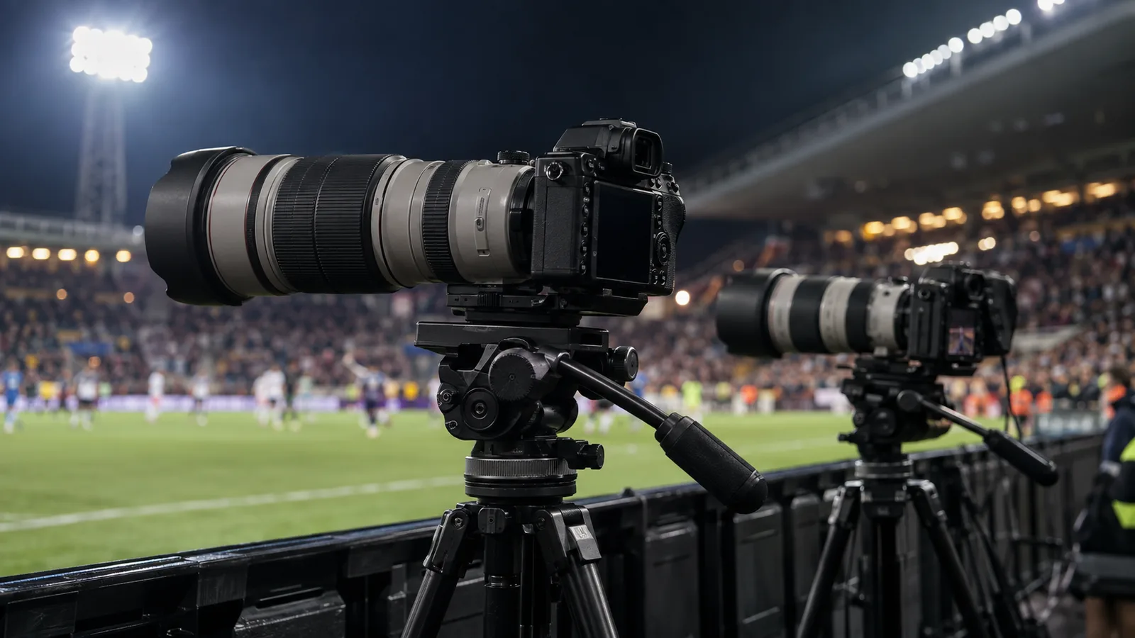 Long-lens cameras positioned beside a floodlit sports field