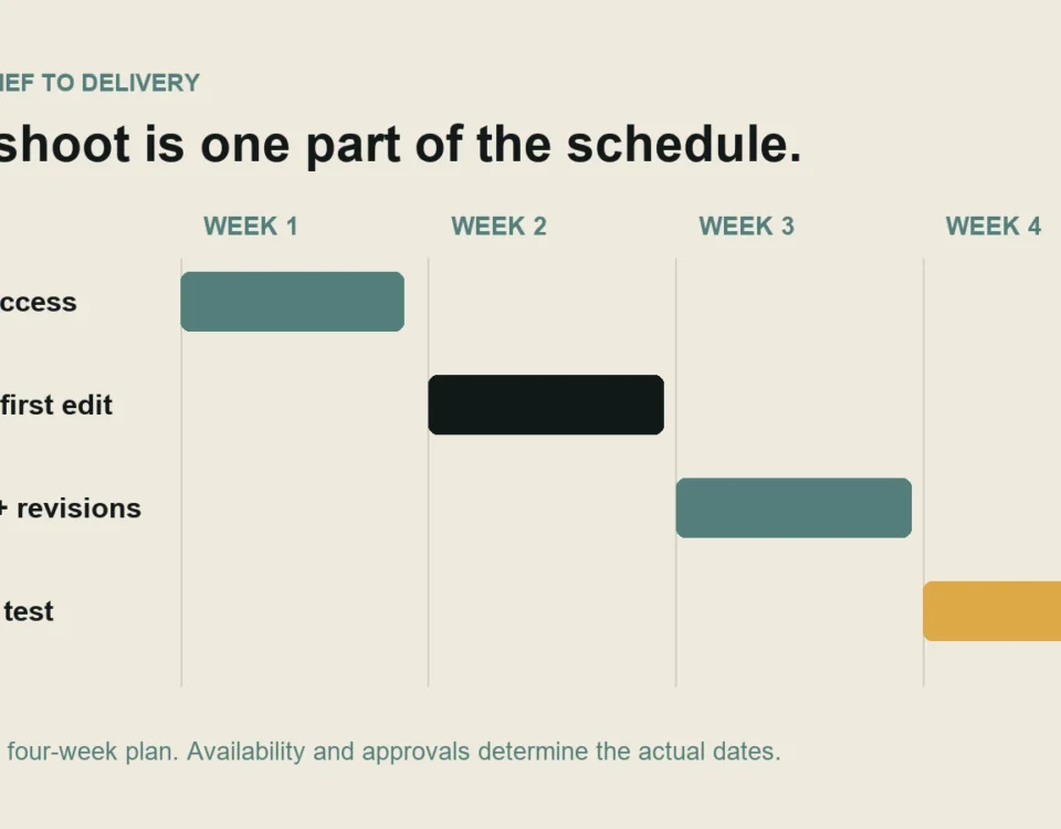 An illustrative four-week production schedule: brief and access, shoot and first edit, review and revisions, finishing and testing.