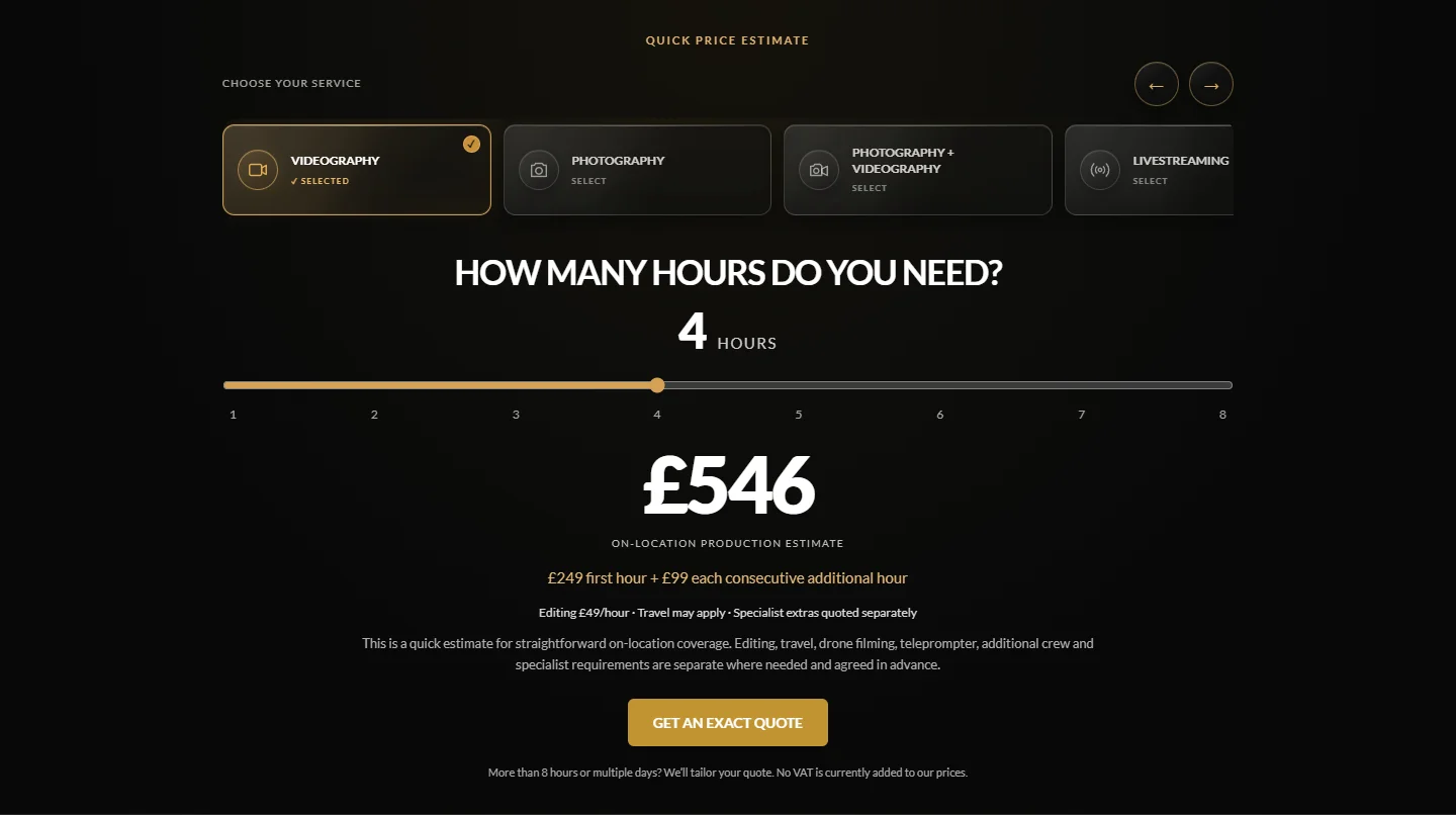Pricing-page screenshot showing four hours of videography at £546, with editing and travel separate