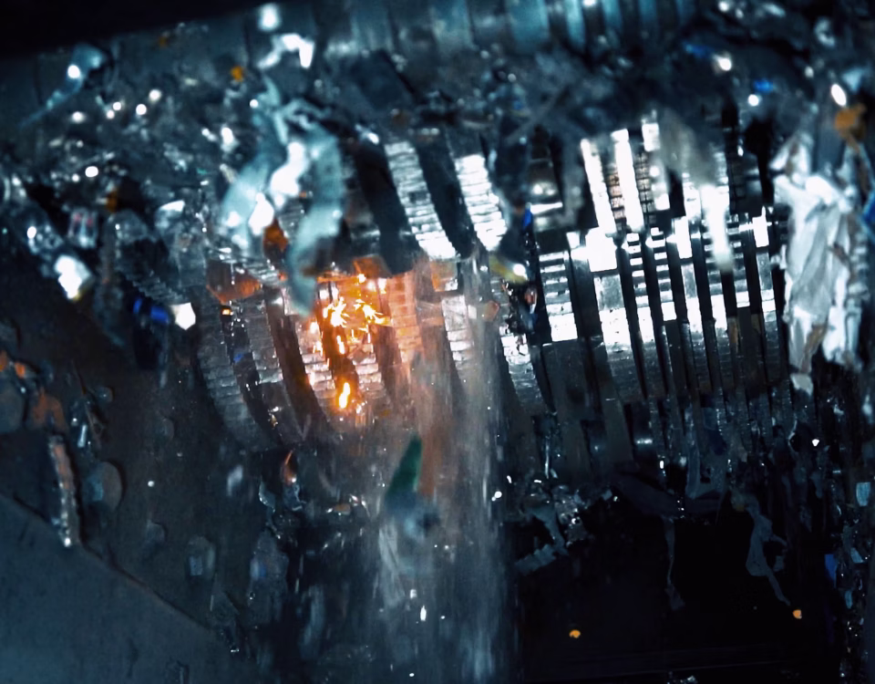 Close view of industrial shredding machinery in the Secure ITAD film.