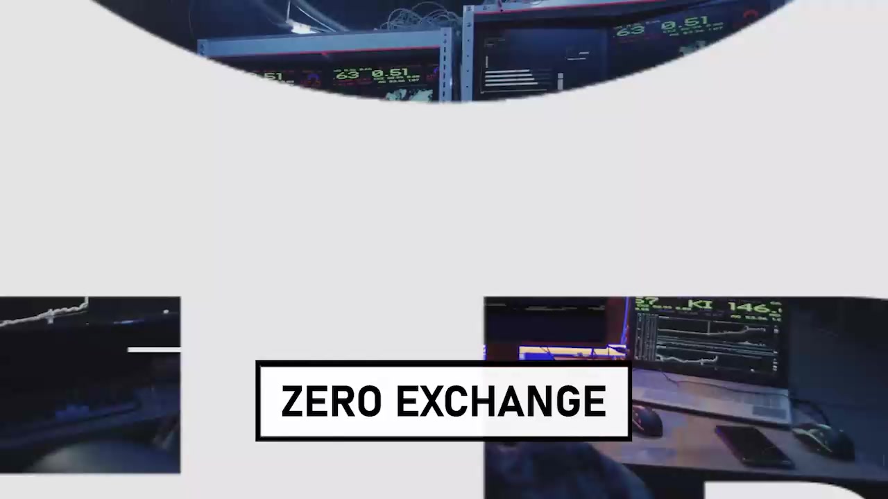 Hackathon title over interface imagery in the Zero Exchange film