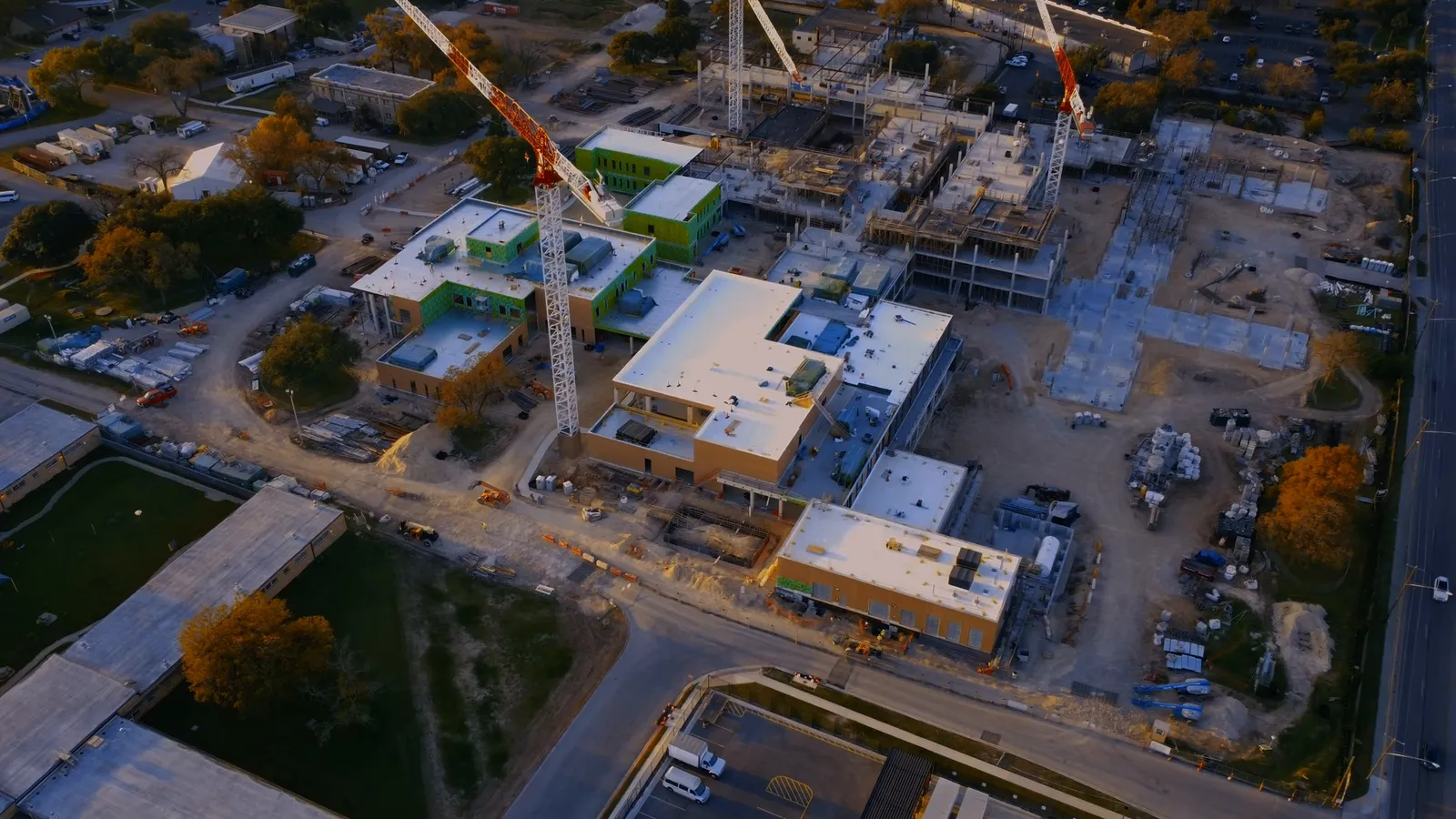 Aerial view over an active construction zone